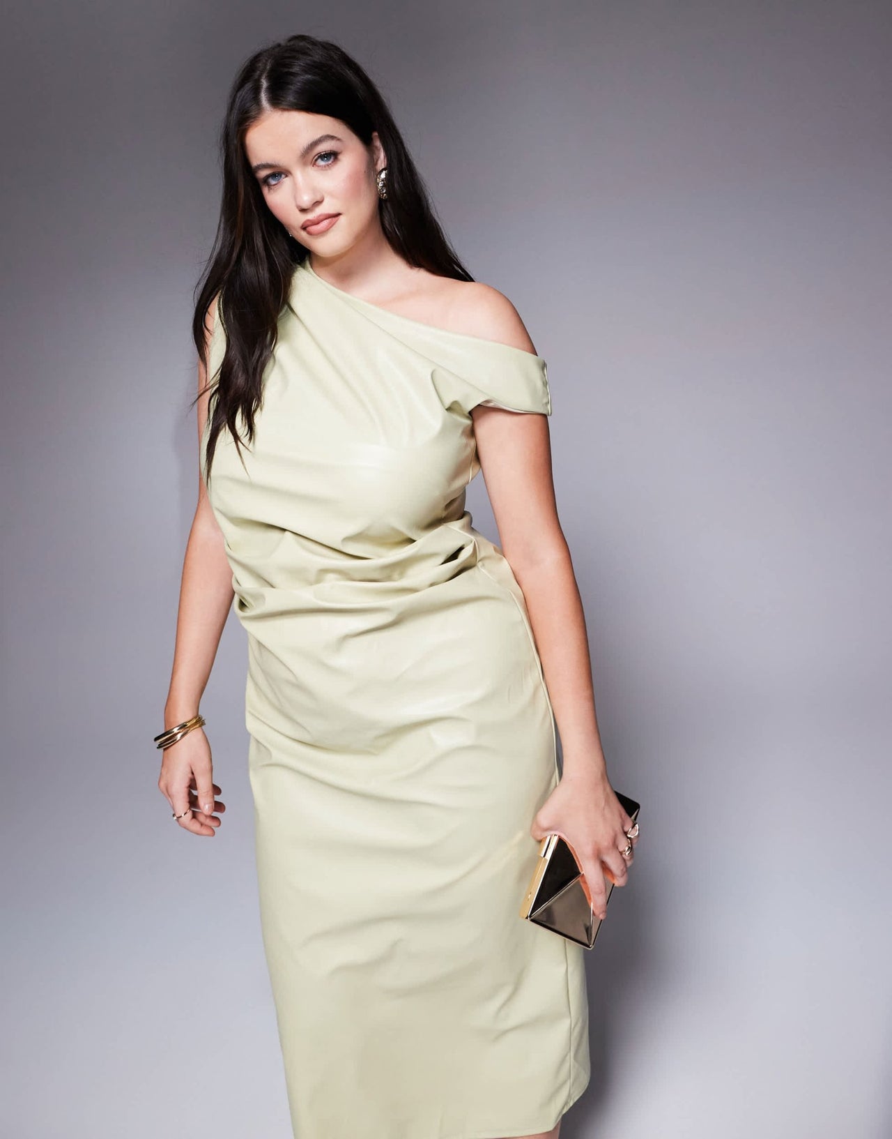 ASOS DESIGN Curve asymmetric neckline PU midi dress in sage - ASOS Sample Sale