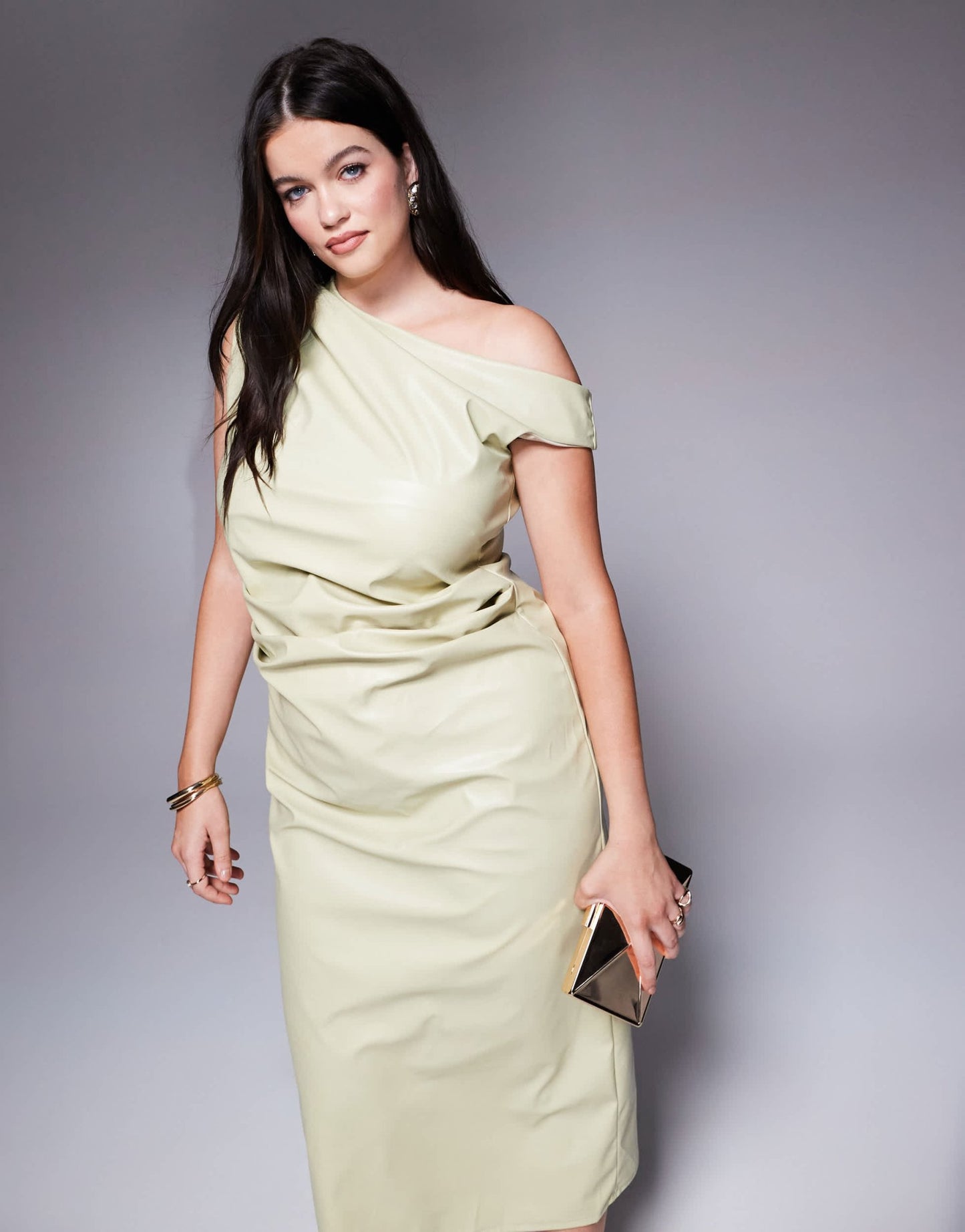 ASOS DESIGN Curve asymmetric neckline PU midi dress in sage - ASOS Sample Sale
