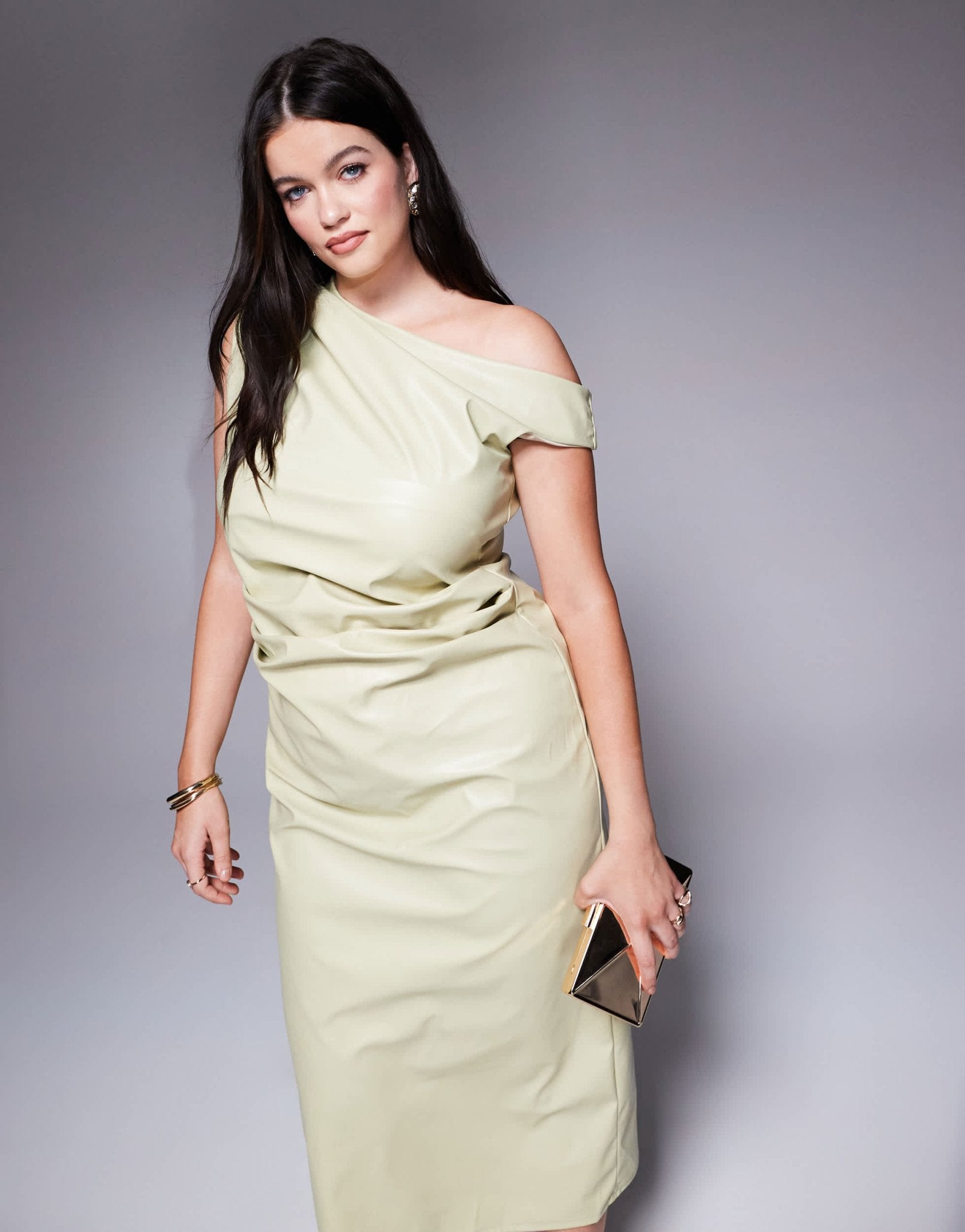 ASOS DESIGN Curve asymmetric neckline PU midi dress in sage - ASOS Sample Sale