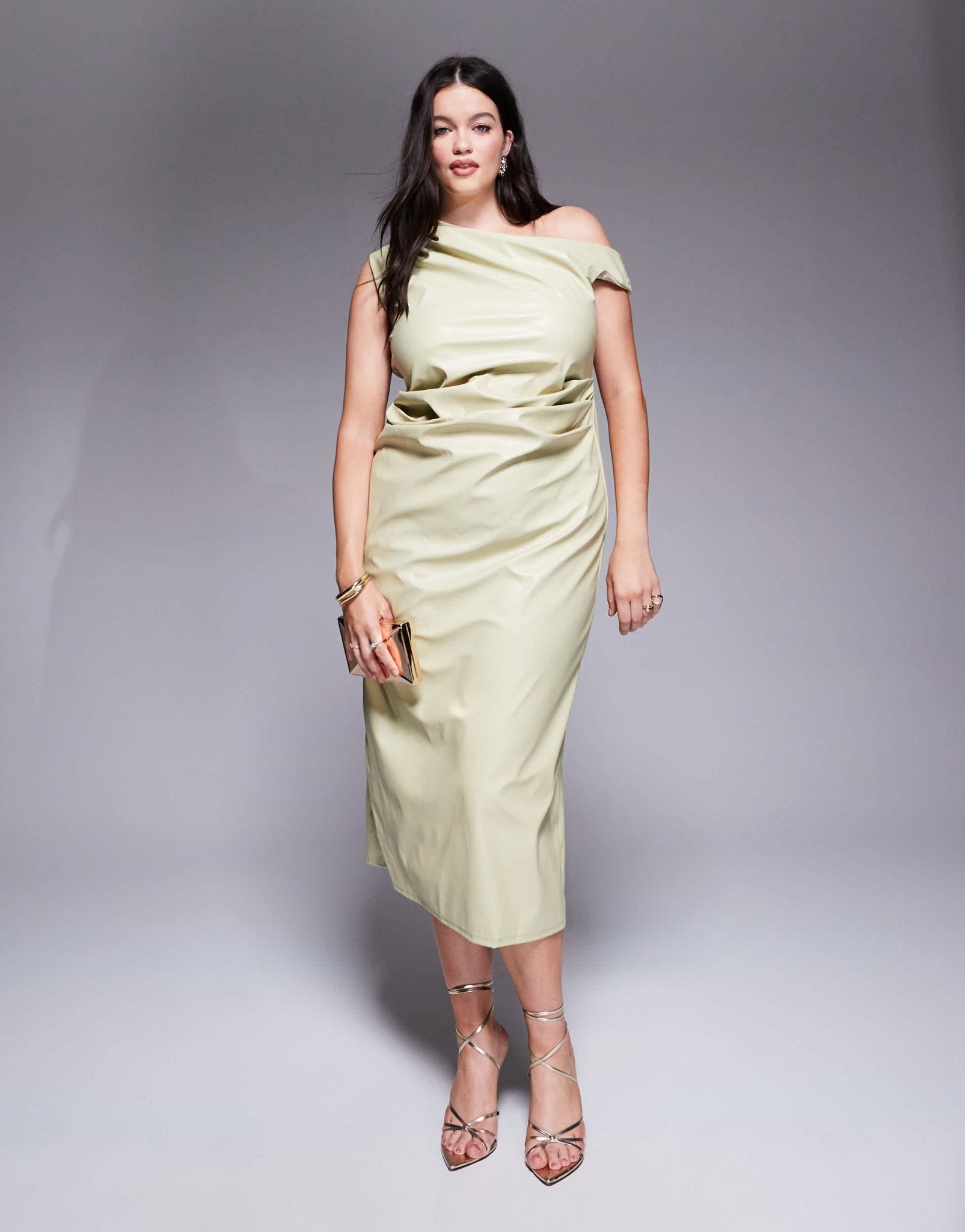 ASOS DESIGN Curve asymmetric neckline PU midi dress in sage - ASOS Sample Sale