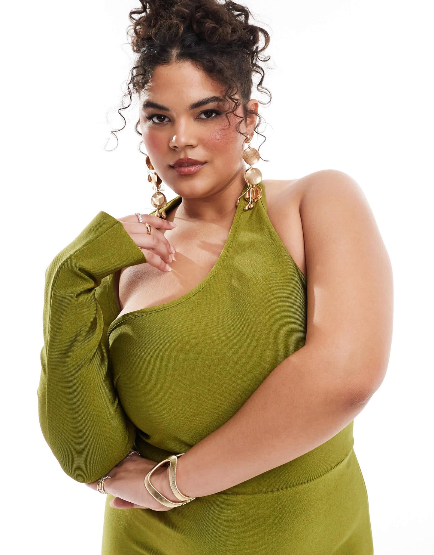 ASOS DESIGN Curve bandage wrap around neckline one sleeve midi dress in green - ASOS Sample Sale