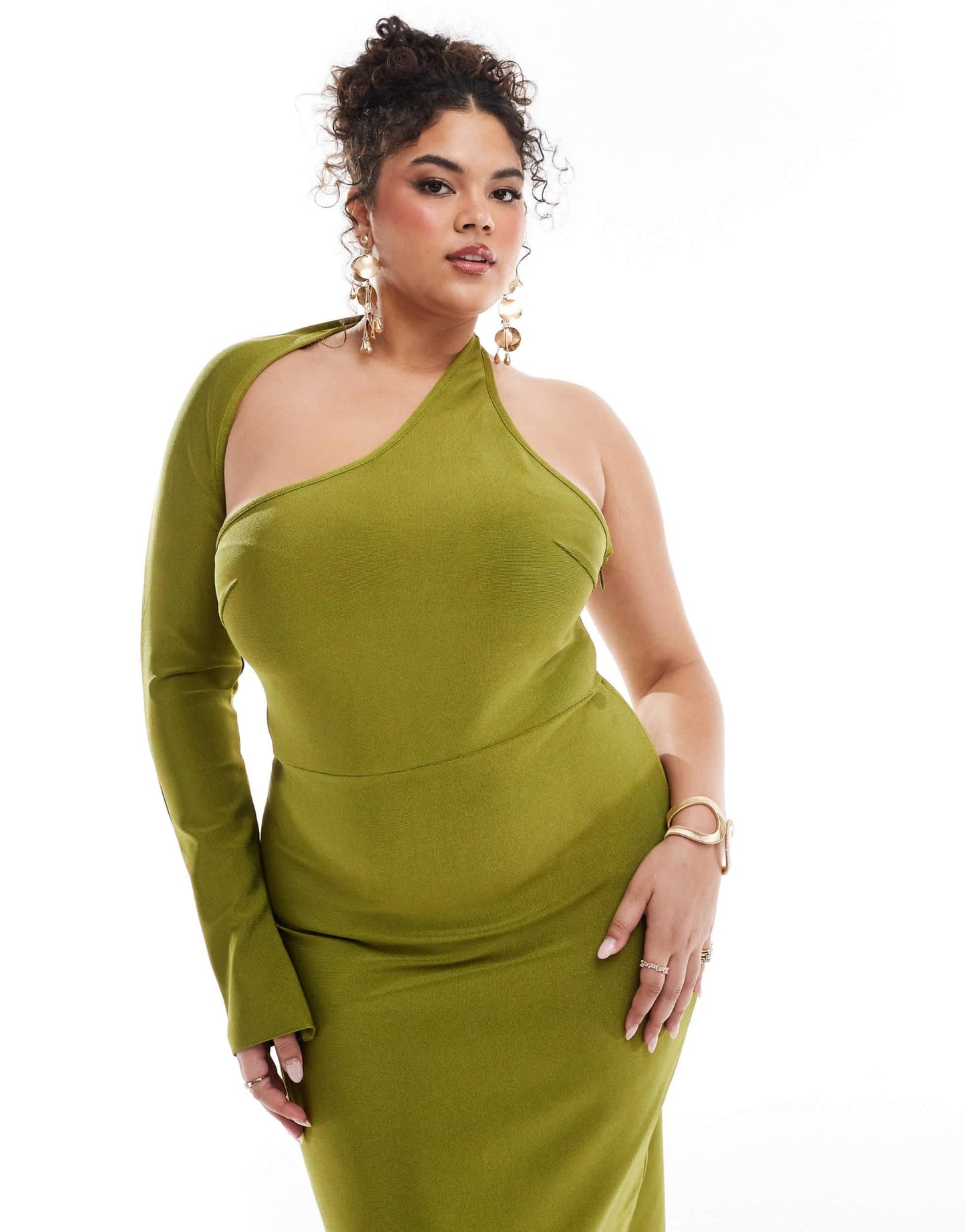 ASOS DESIGN Curve bandage wrap around neckline one sleeve midi dress in green - ASOS Sample Sale