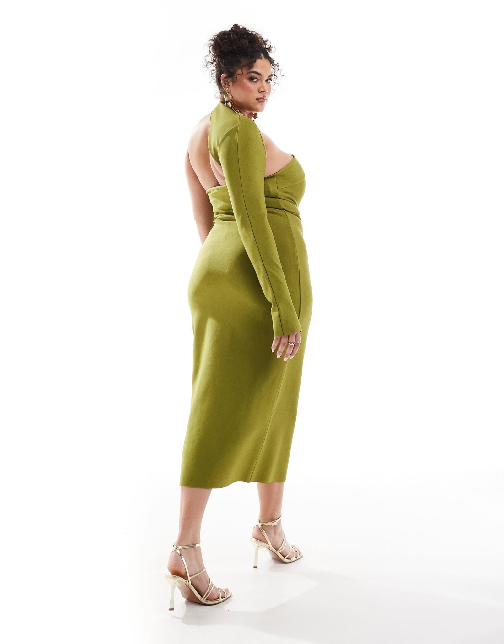 ASOS DESIGN Curve bandage wrap around neckline one sleeve midi dress in green - ASOS Sample Sale