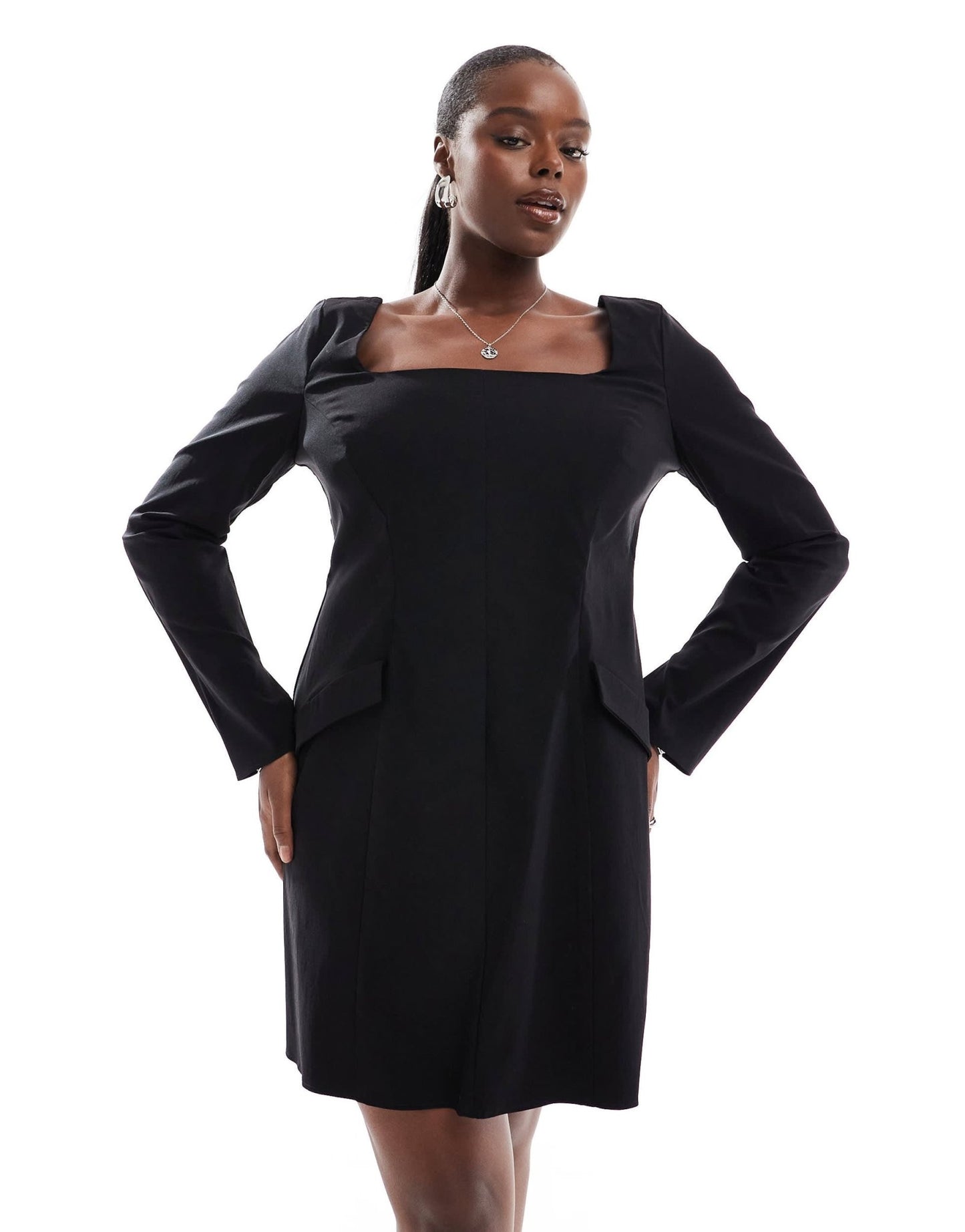ASOS DESIGN Curve bengaline long sleeve mini dress with pocket details in black - ASOS Sample Sale