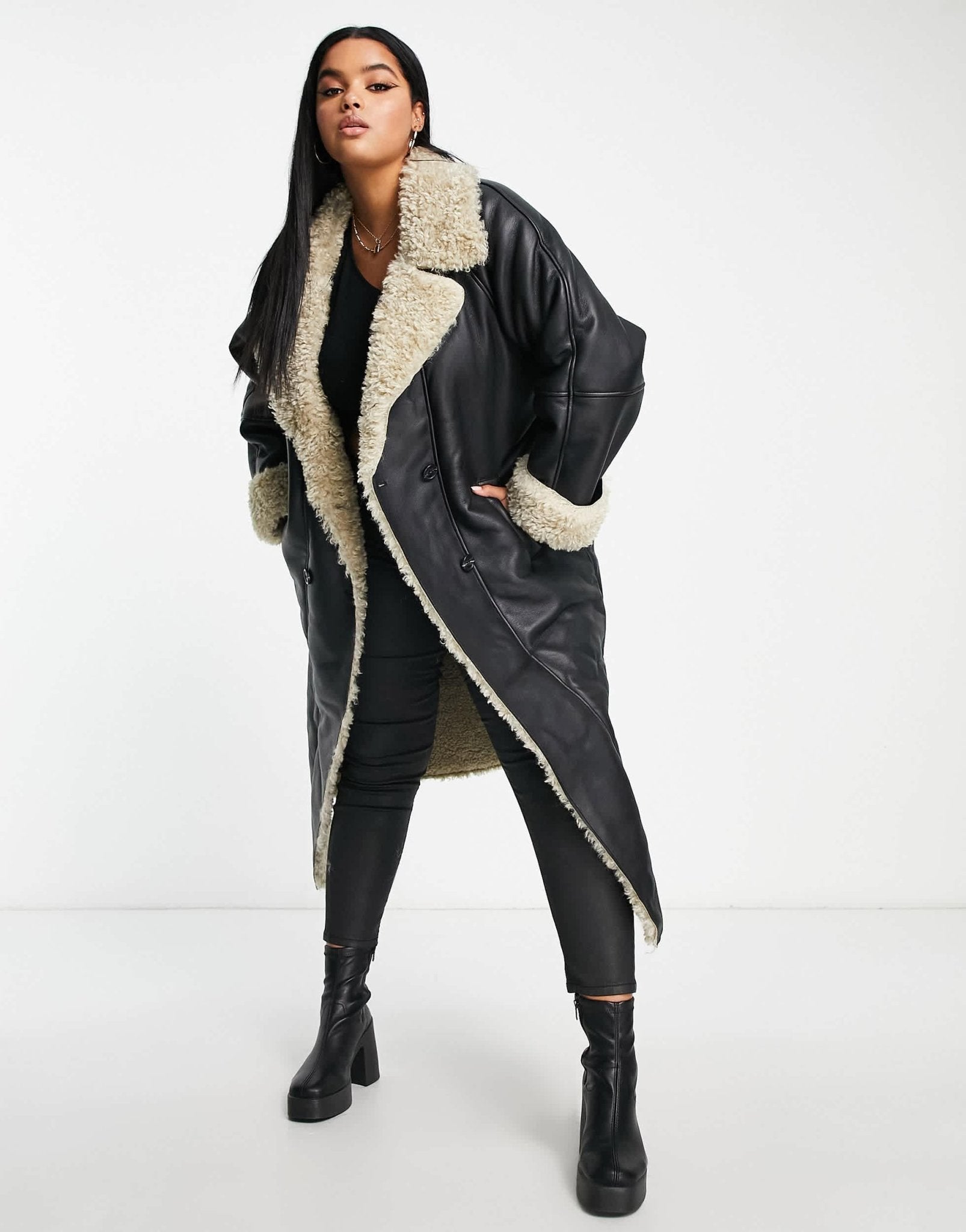 ASOS DESIGN Curve bonded borg trench coat in black - ASOS Sample Sale