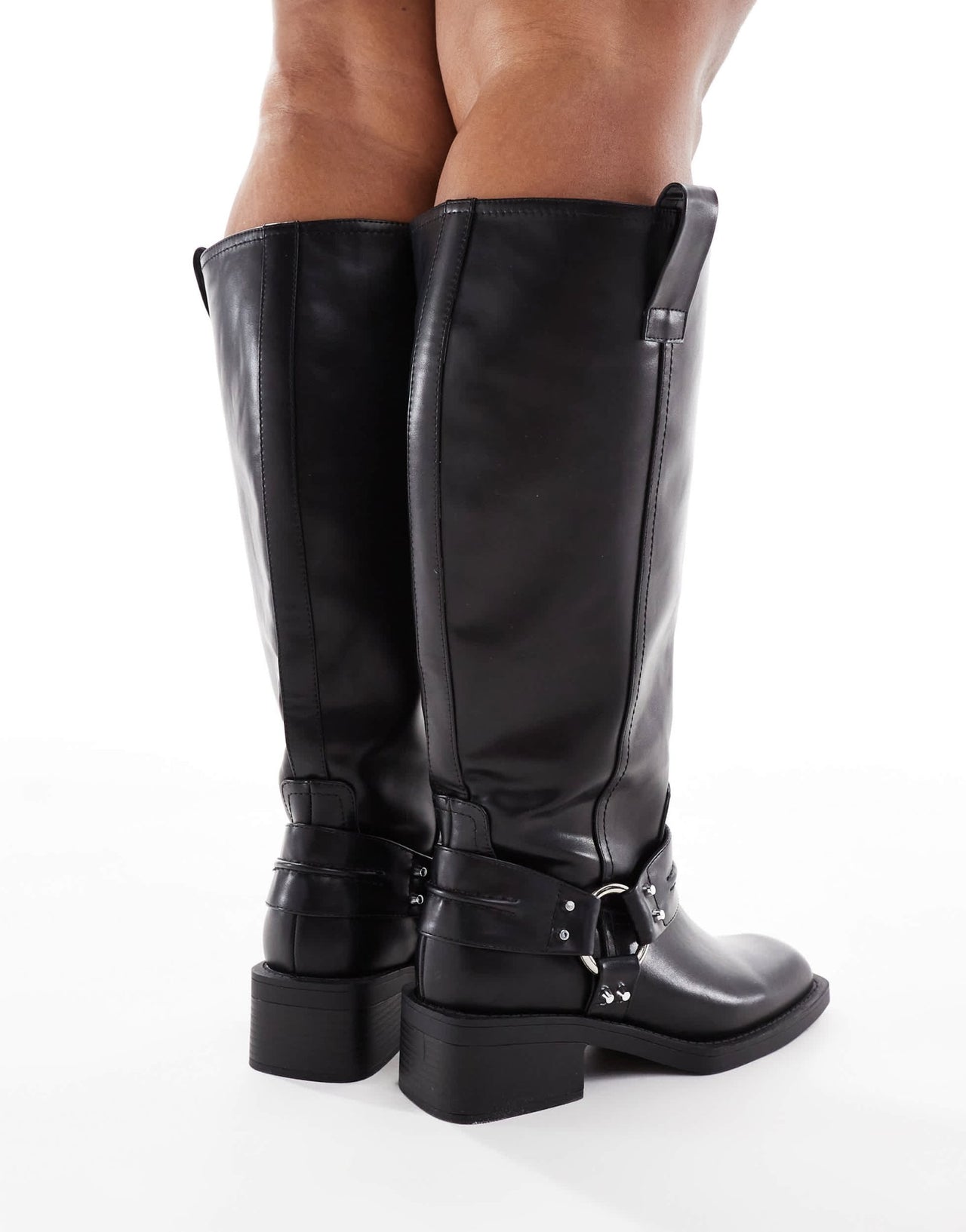 ASOS DESIGN Curve Camila flat biker harness knee boots in black - ASOS Sample Sale