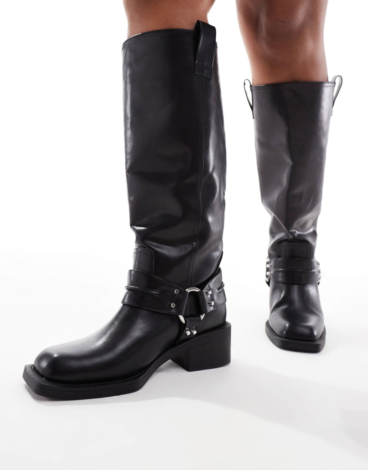 ASOS DESIGN Curve Camila flat biker harness knee boots in black - ASOS Sample Sale