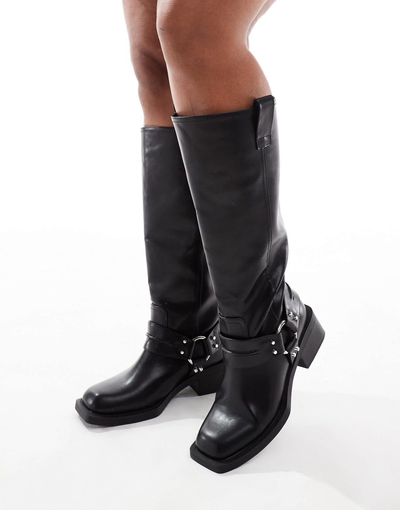 ASOS DESIGN Curve Camila flat biker harness knee boots in black - ASOS Sample Sale