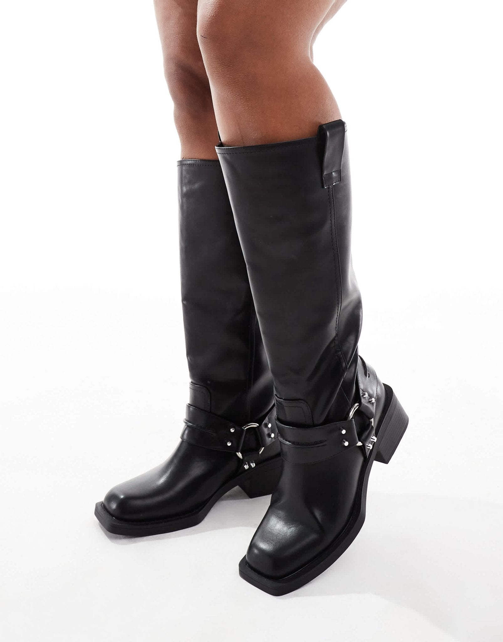 ASOS DESIGN Curve Camila flat biker harness knee boots in black - ASOS Sample Sale