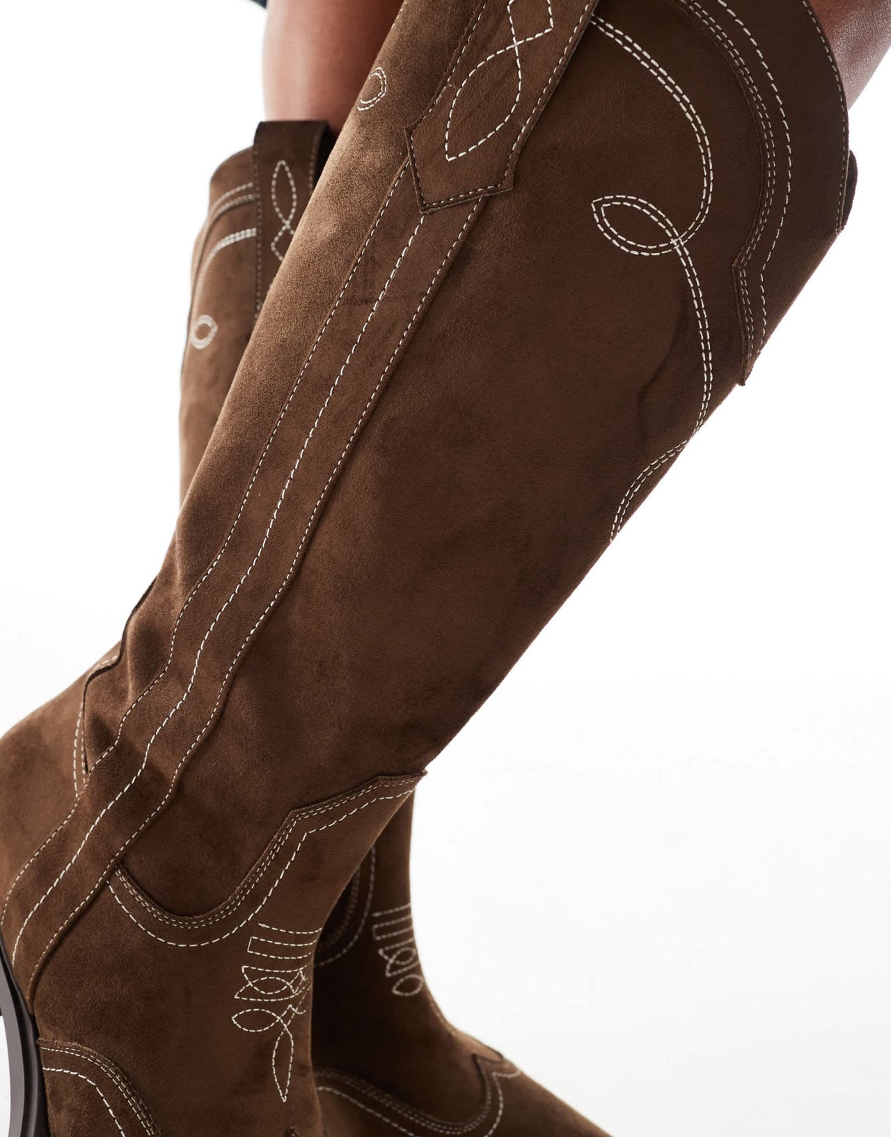ASOS DESIGN Curve Celeste flat western knee boots in choc faux suede - ASOS Sample Sale