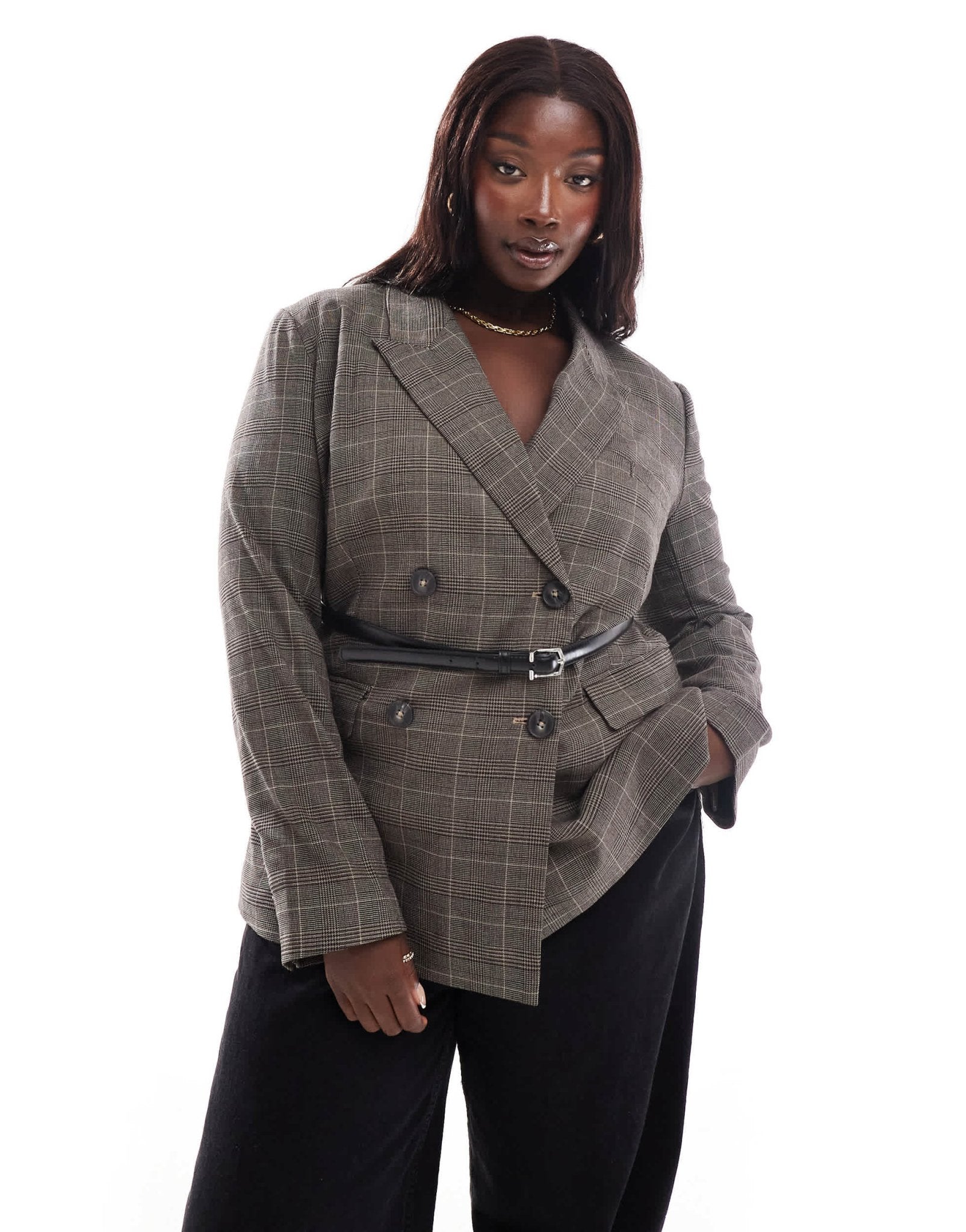 ASOS DESIGN Curve check blazer with faux leather belt - ASOS Sample Sale