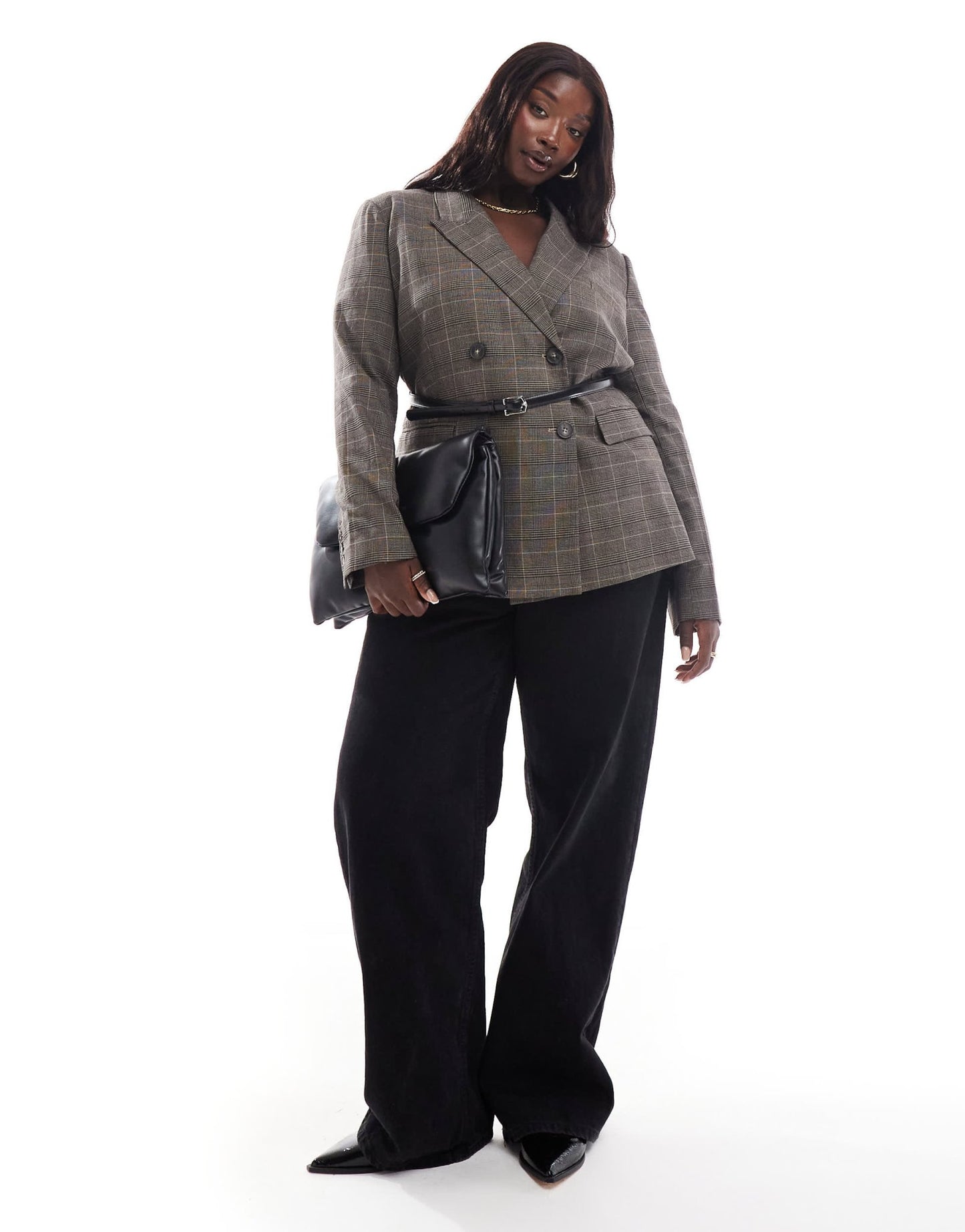 ASOS DESIGN Curve check blazer with faux leather belt - ASOS Sample Sale