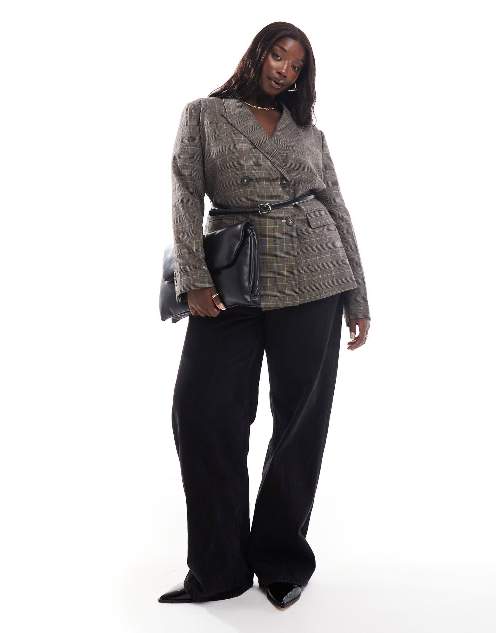 ASOS DESIGN Curve check blazer with faux leather belt - ASOS Sample Sale