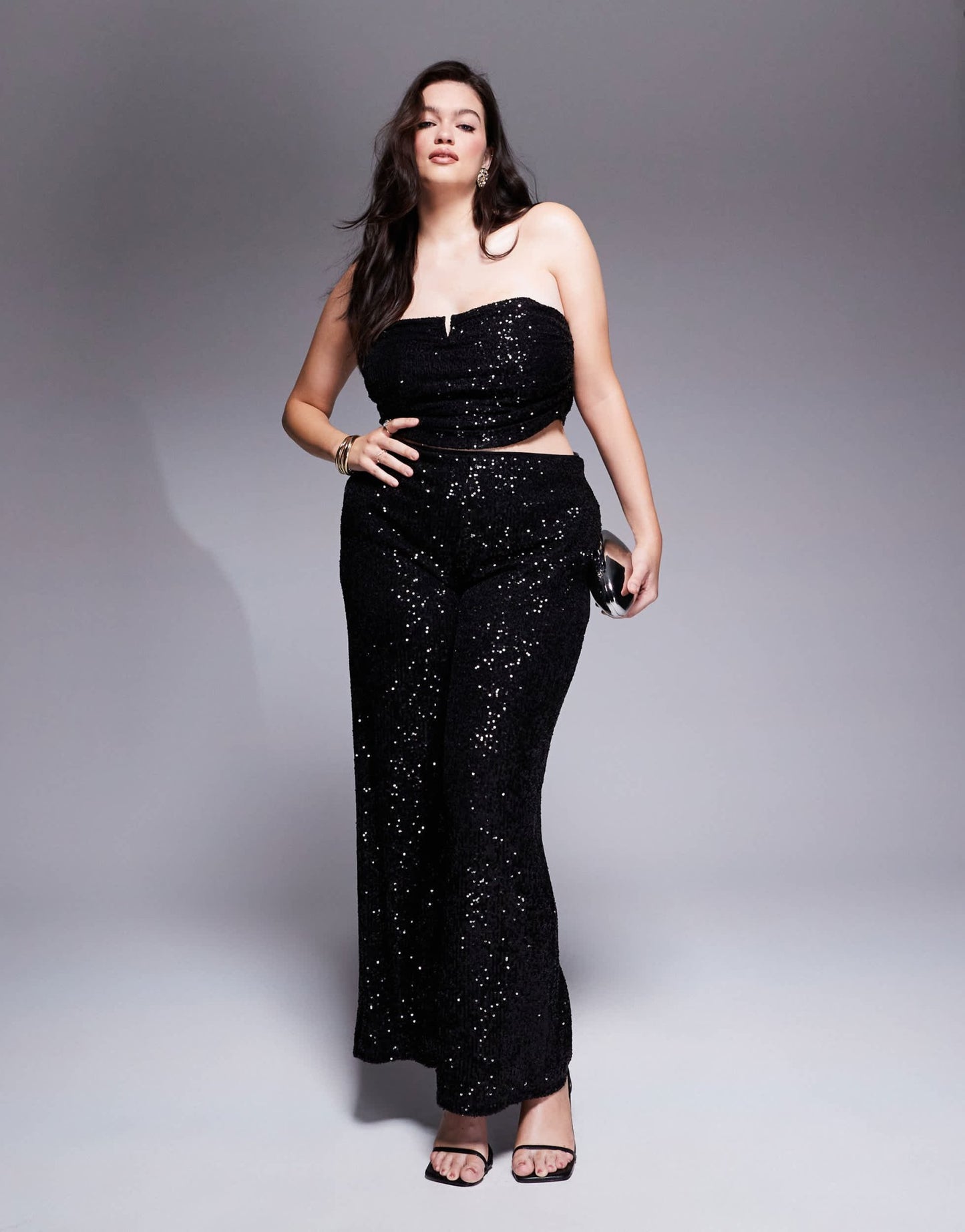 ASOS DESIGN Curve co - ord ruched sequin bandeau with trim detail in black - ASOS Sample Sale