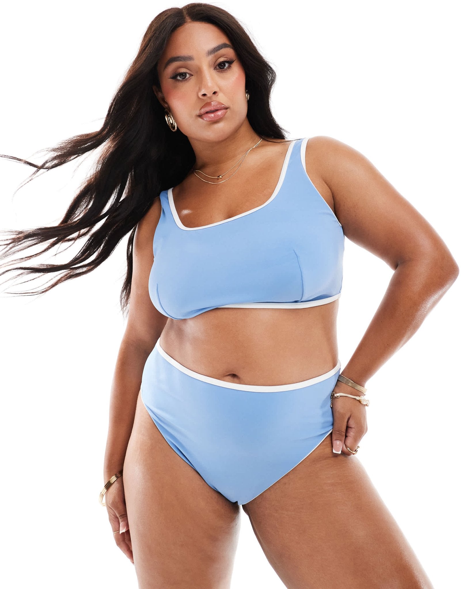 ASOS DESIGN Curve contrast binding high leg high waist bikini bottom in dusty blue - ASOS Sample Sale