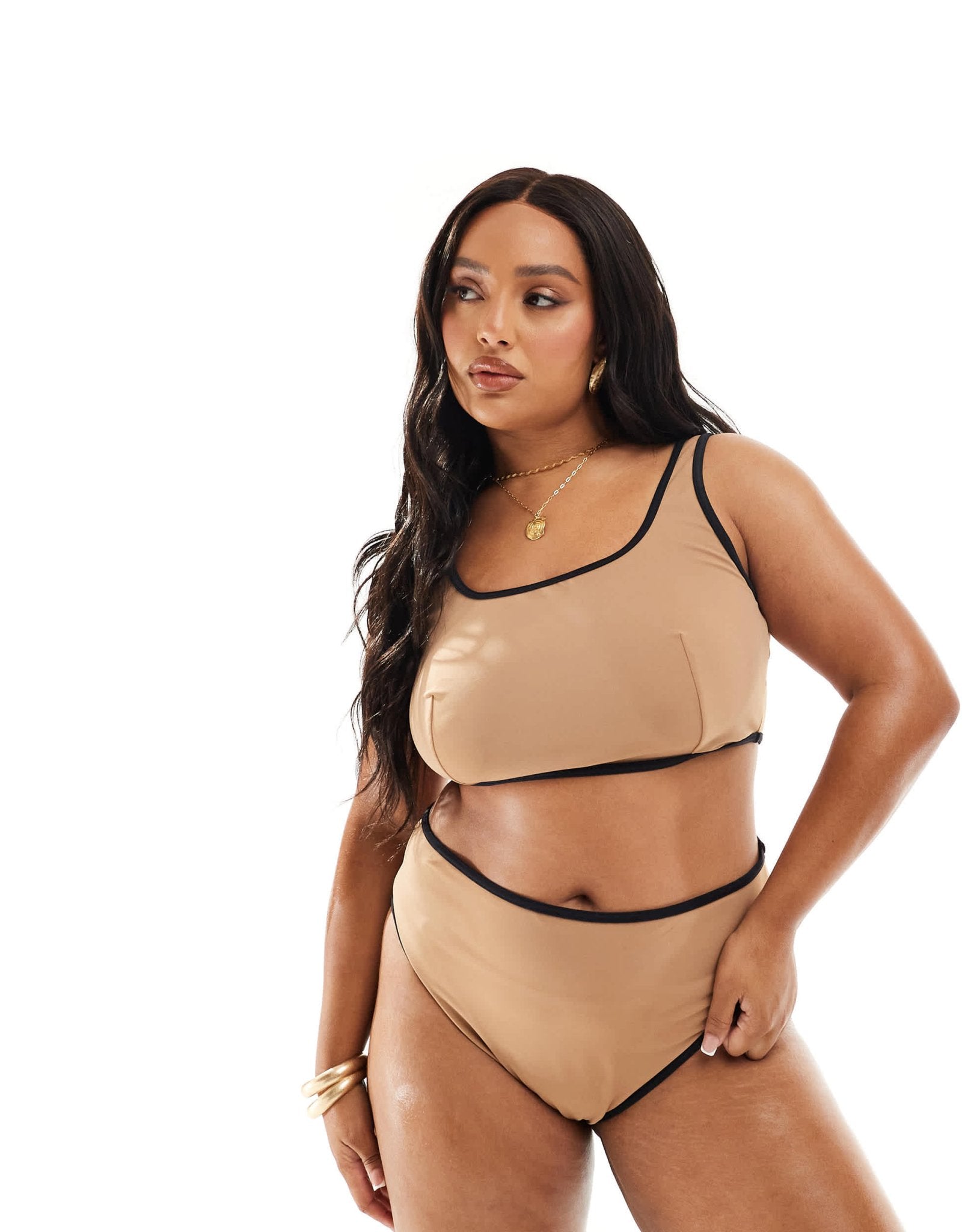 ASOS DESIGN Curve contrast binding high leg high waist bikini bottom in mochaccino - ASOS Sample Sale