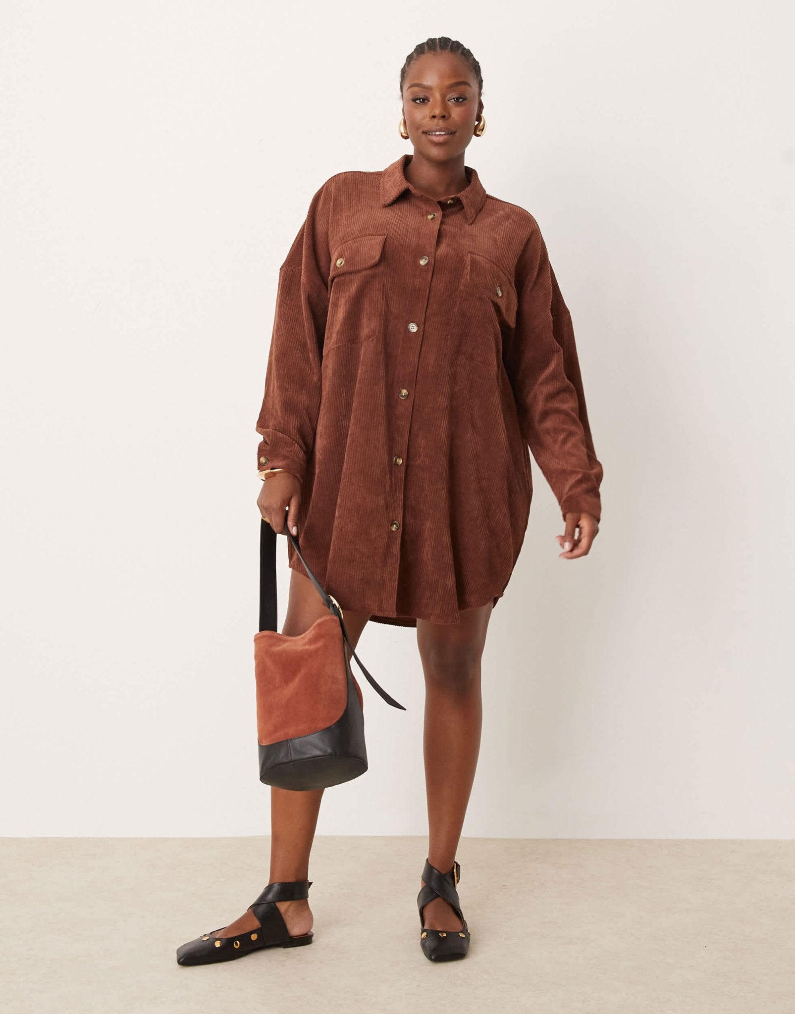 ASOS DESIGN curve cord oversized shirt dress with drop pocket in chocolate - ASOS Sample Sale