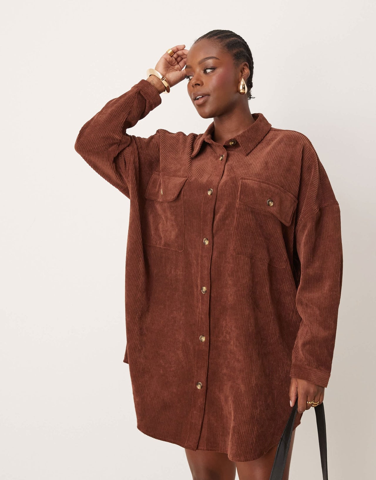 ASOS DESIGN curve cord oversized shirt dress with drop pocket in chocolate - ASOS Sample Sale