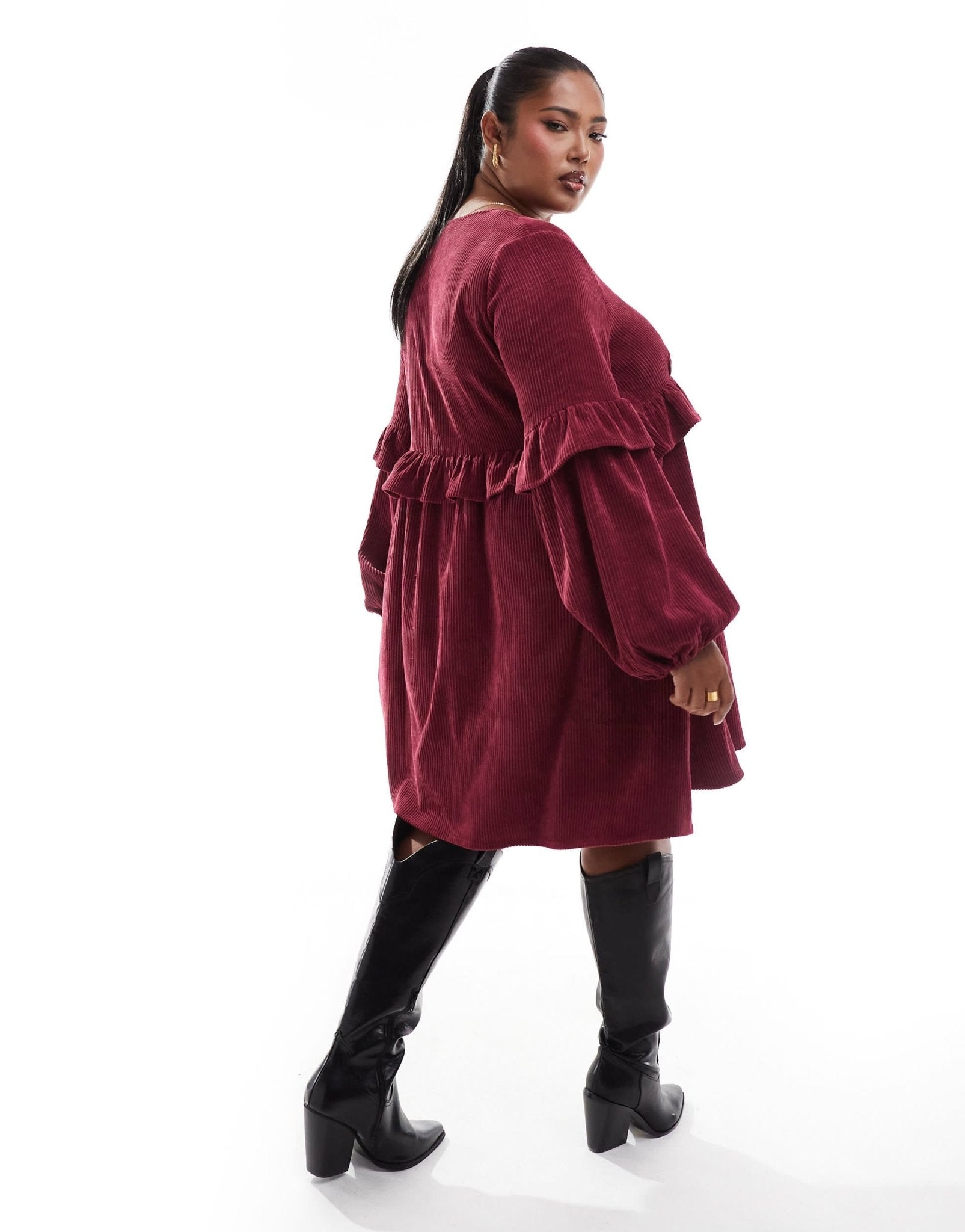 ASOS DESIGN curve cord smock mini dress with frill detail in burgundy - ASOS Sample Sale