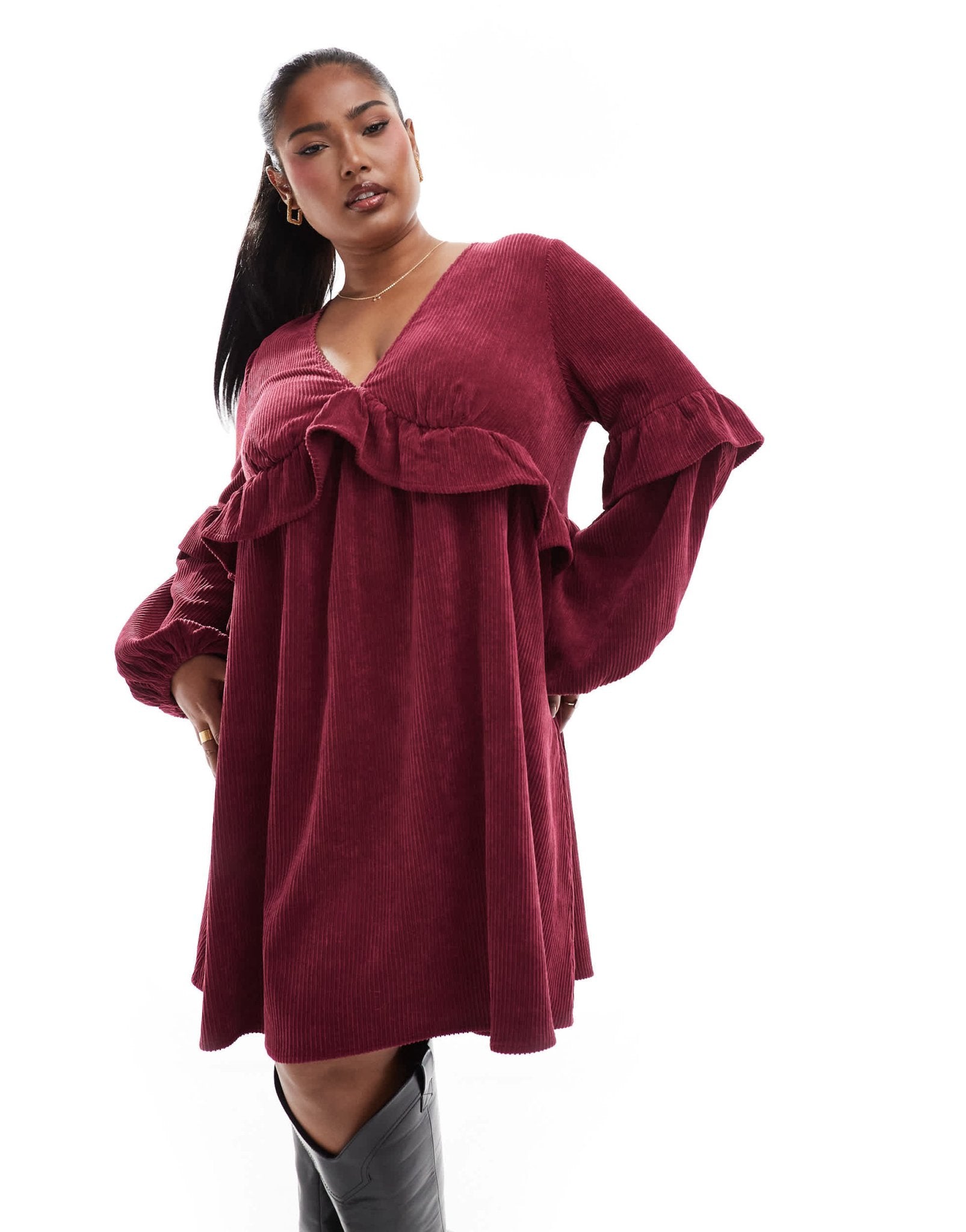 ASOS DESIGN curve cord smock mini dress with frill detail in burgundy - ASOS Sample Sale