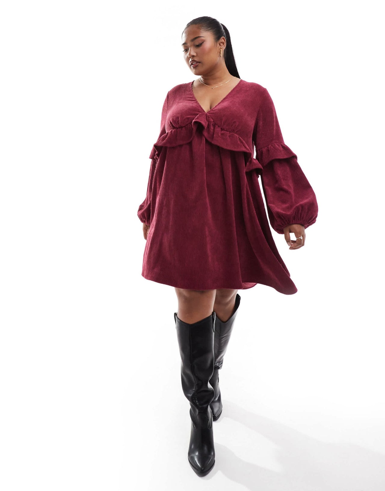 ASOS DESIGN curve cord smock mini dress with frill detail in burgundy - ASOS Sample Sale