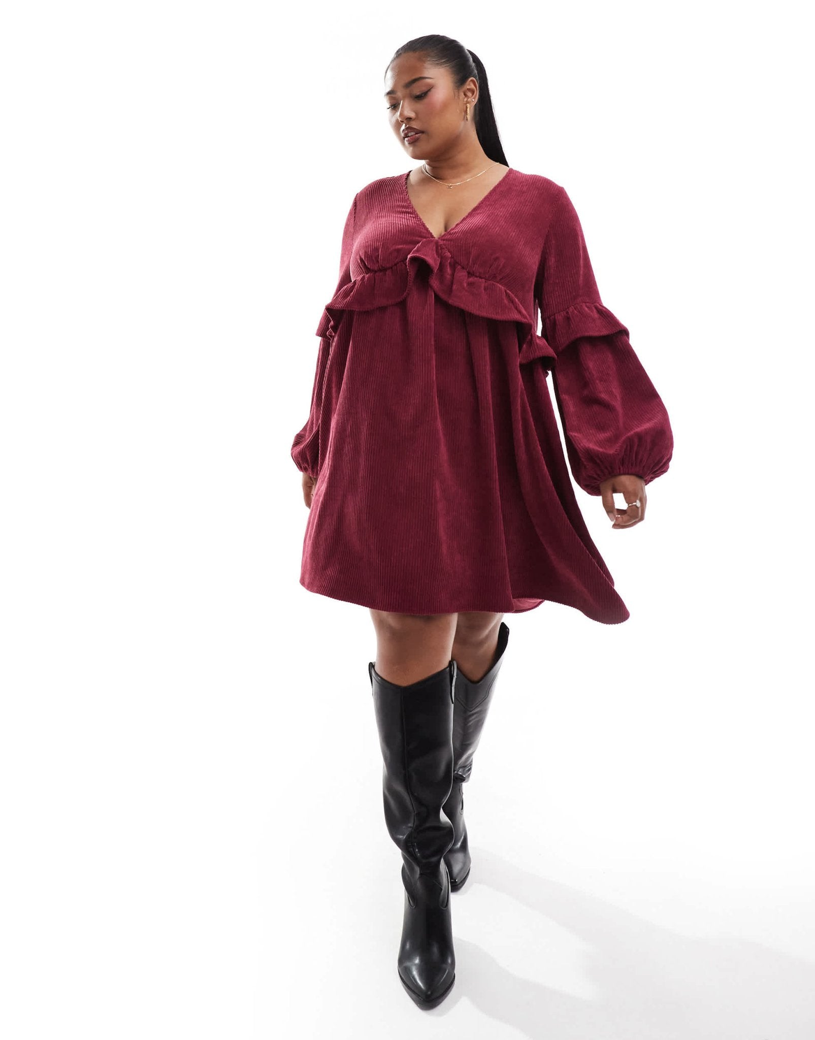 ASOS DESIGN curve cord smock mini dress with frill detail in burgundy - ASOS Sample Sale