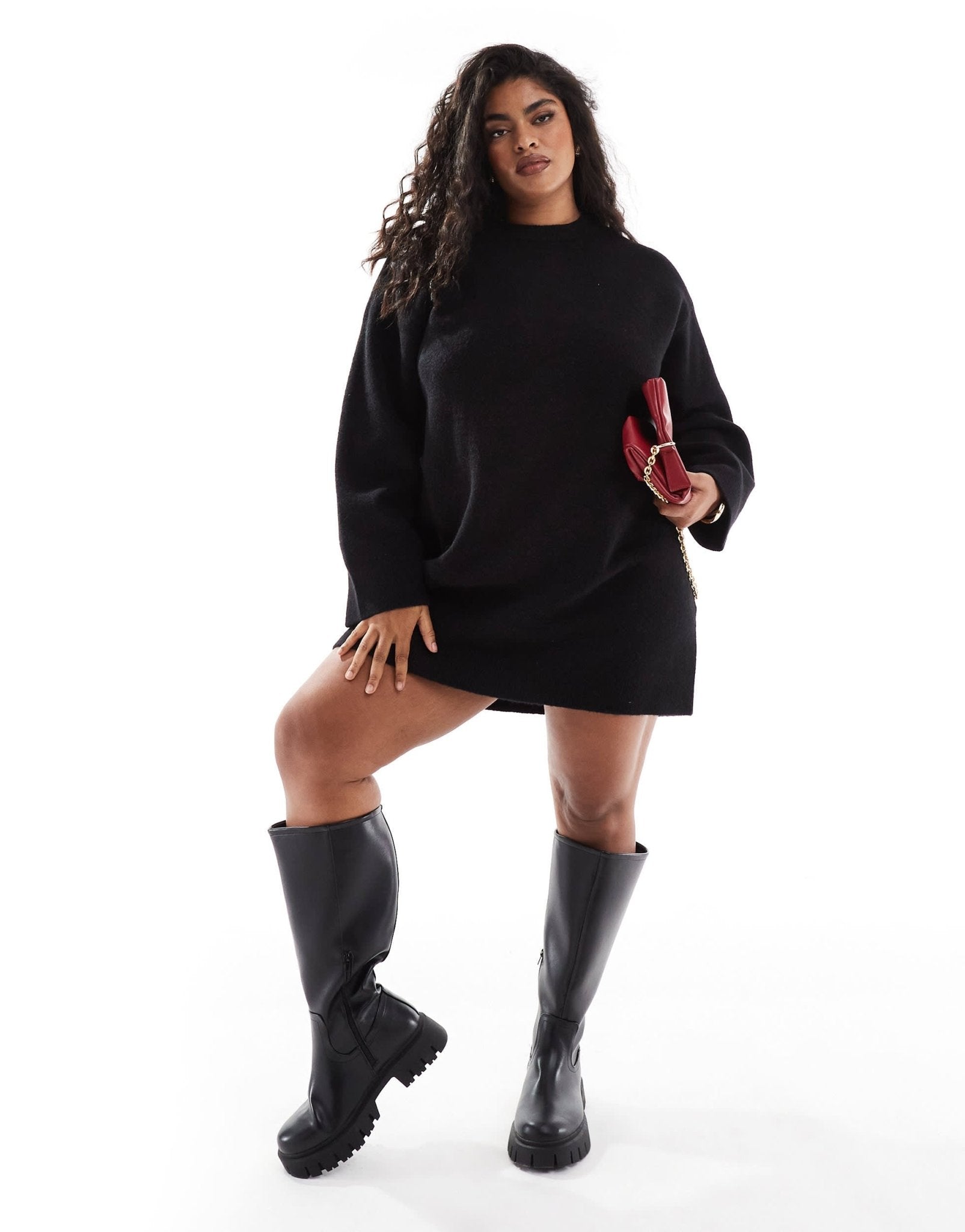 ASOS DESIGN Curve crew neck mini dress with wide cuff in black - ASOS Sample Sale
