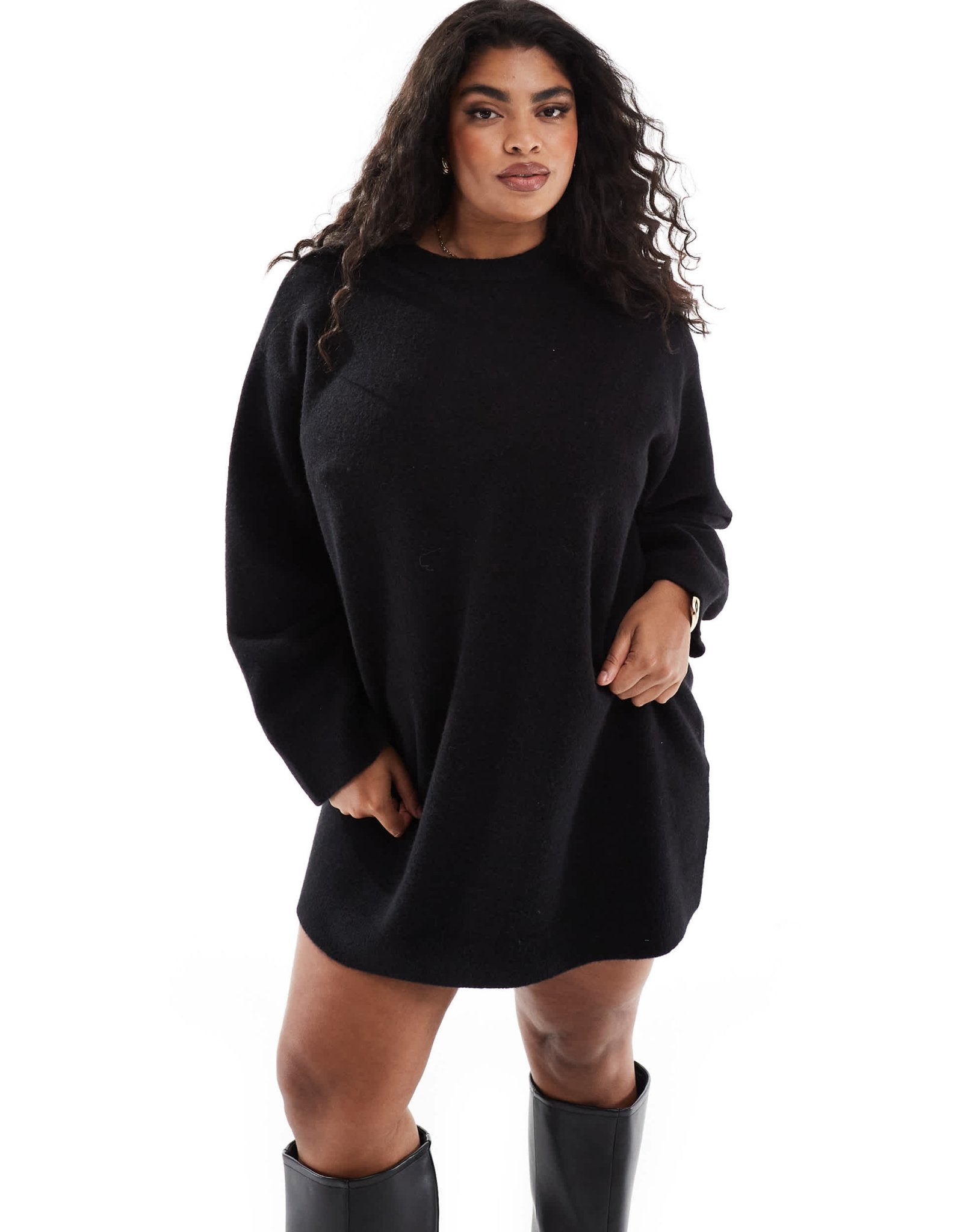 ASOS DESIGN Curve crew neck mini dress with wide cuff in black - ASOS Sample Sale