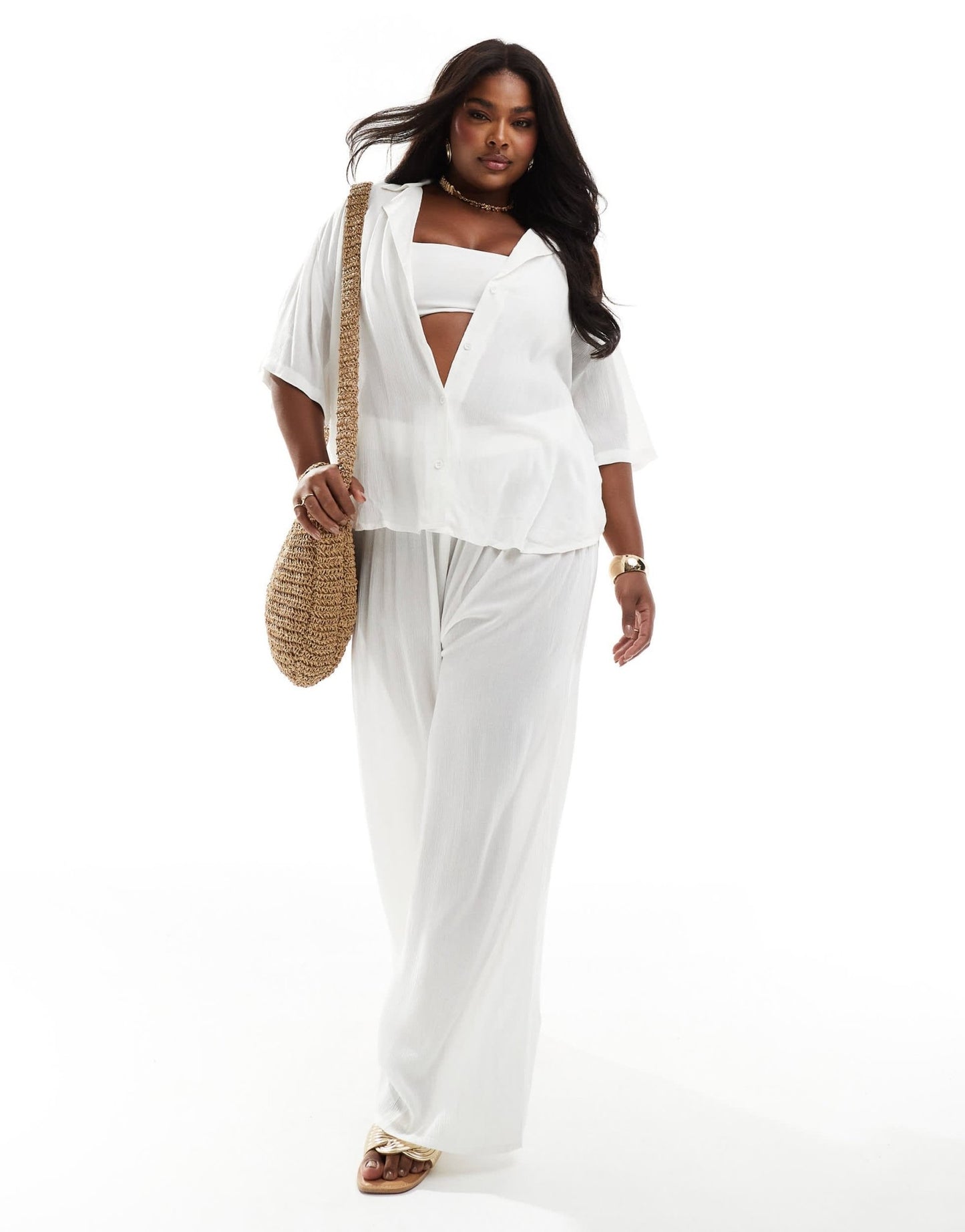 ASOS DESIGN Curve crinkle co - ord wide leg beach trouser in white - ASOS Sample Sale