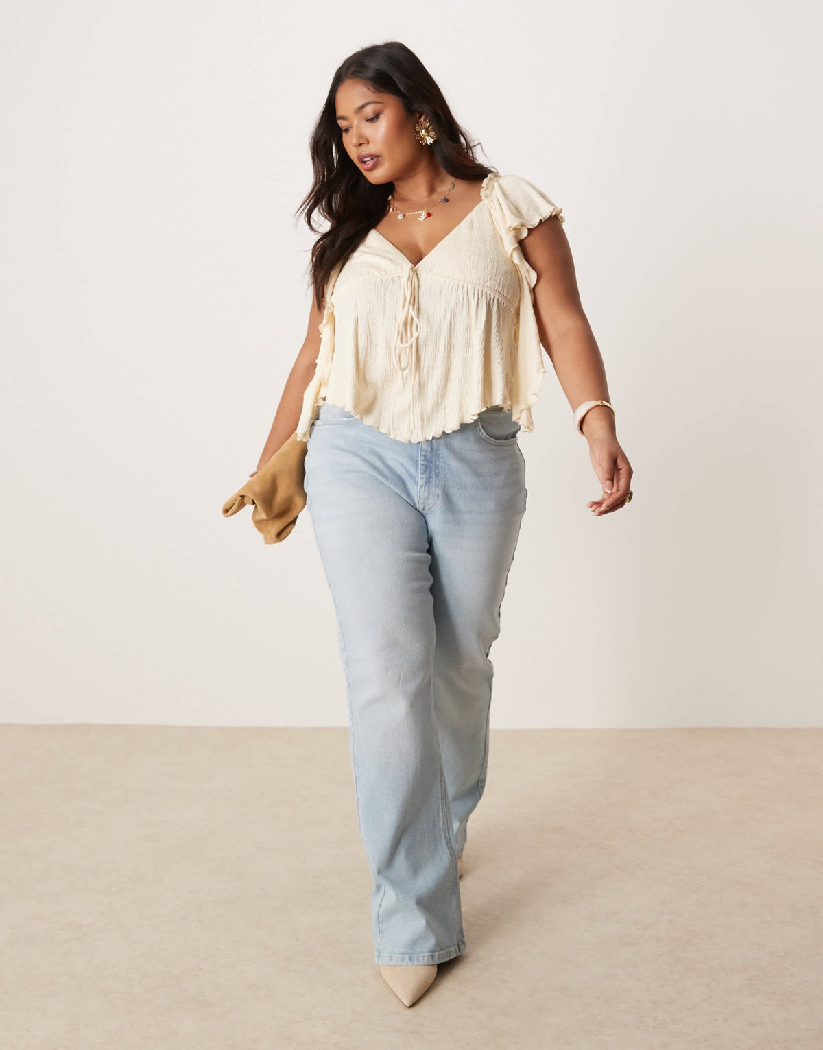 ASOS DESIGN Curve crinkle flutter sleeve open back top in cream - ASOS Sample Sale