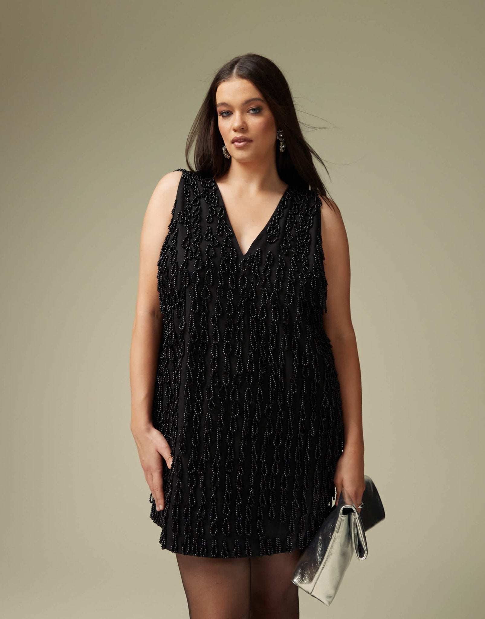 ASOS DESIGN Curve deep v neckline embellished mini shift dress in blac