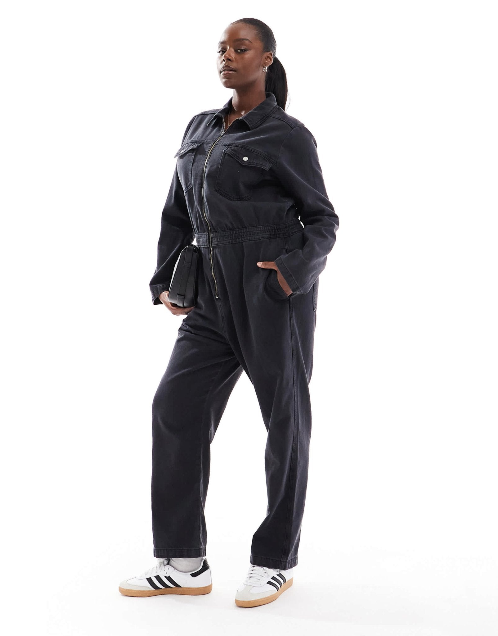 ASOS DESIGN Curve denim boilersuit with zip and elasticated waistband in wash black - ASOS Sample Sale