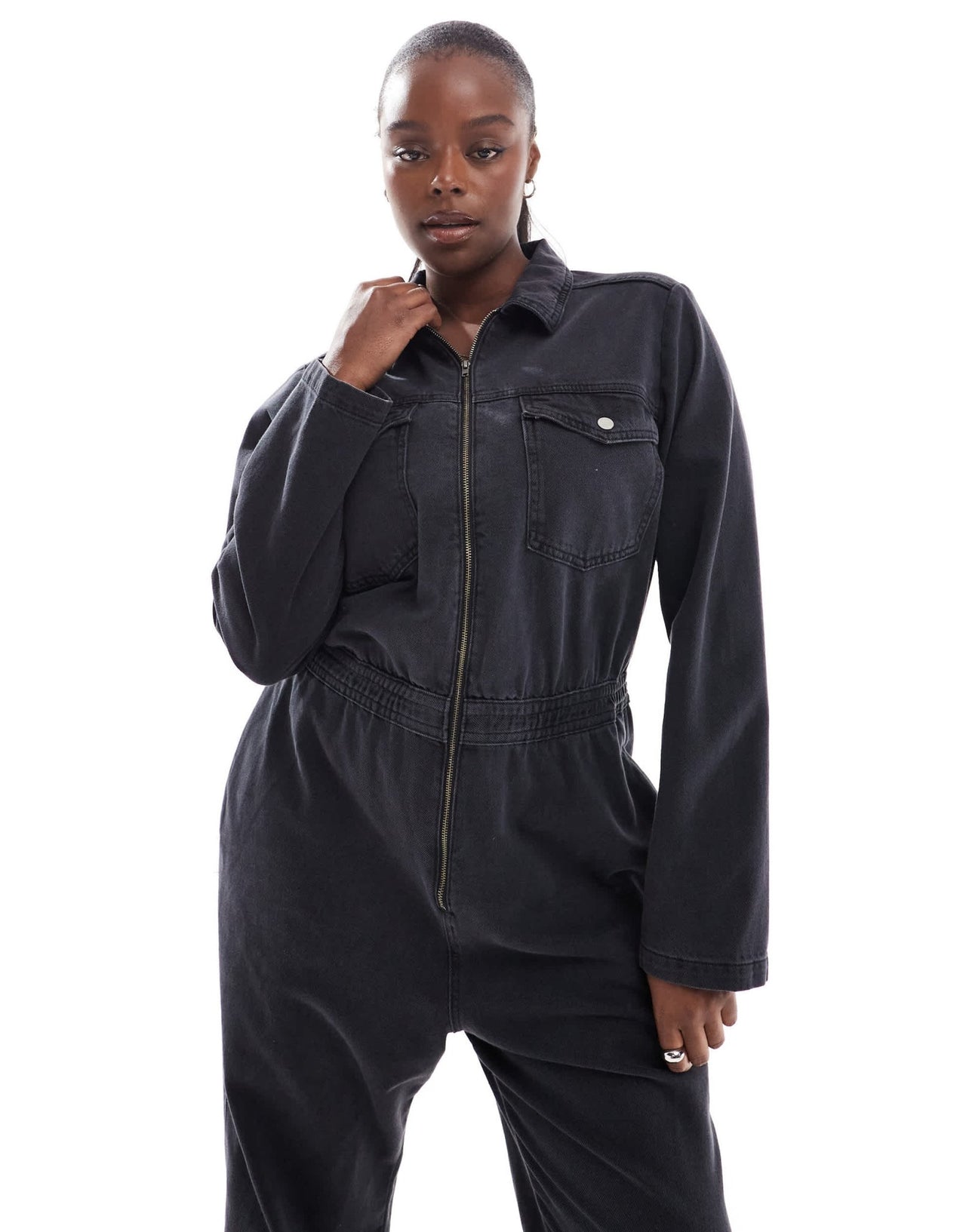 ASOS DESIGN Curve denim boilersuit with zip and elasticated waistband in wash black - ASOS Sample Sale