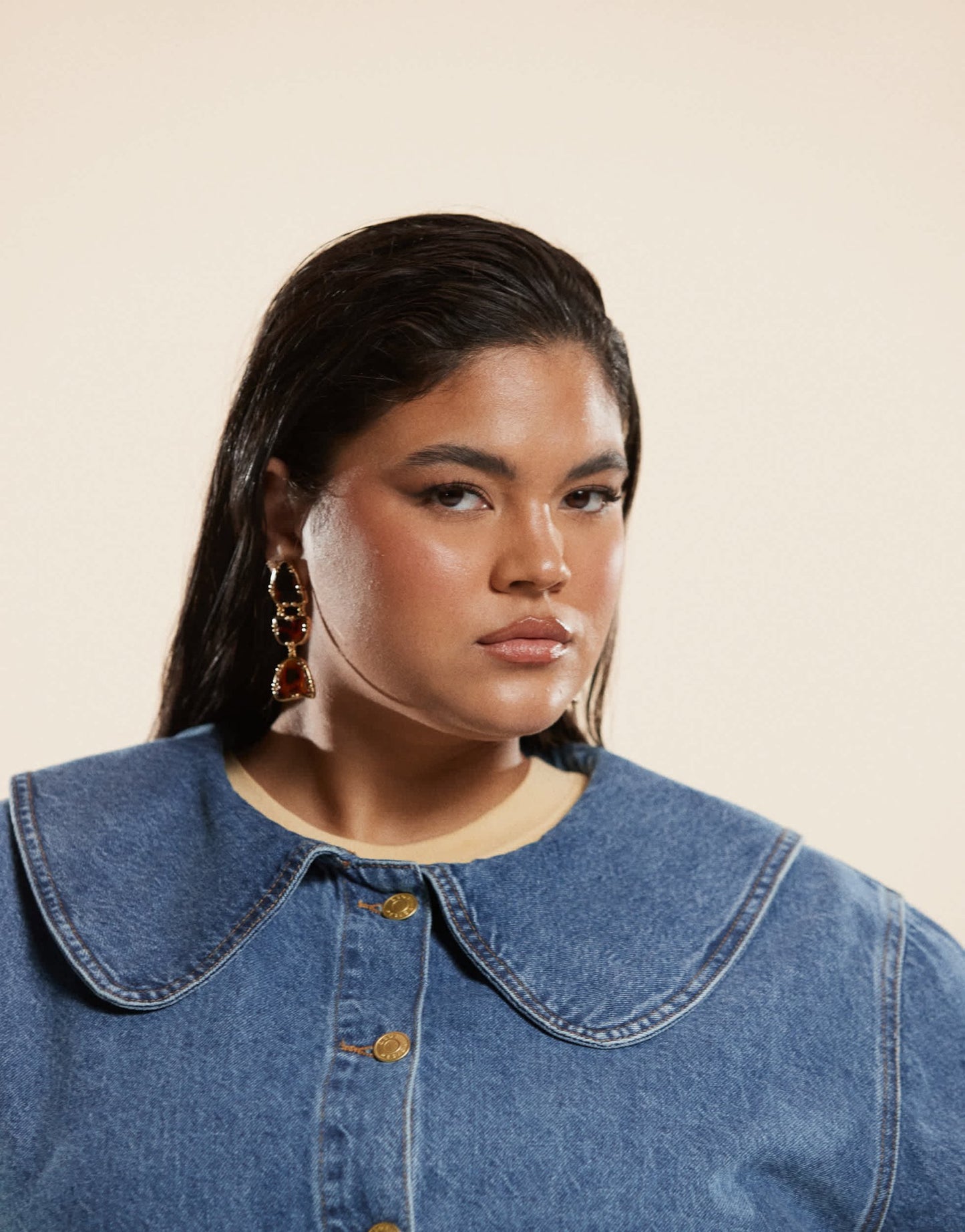 ASOS DESIGN Curve denim jacket with round collar in mid blue co - ord - ASOS Sample Sale