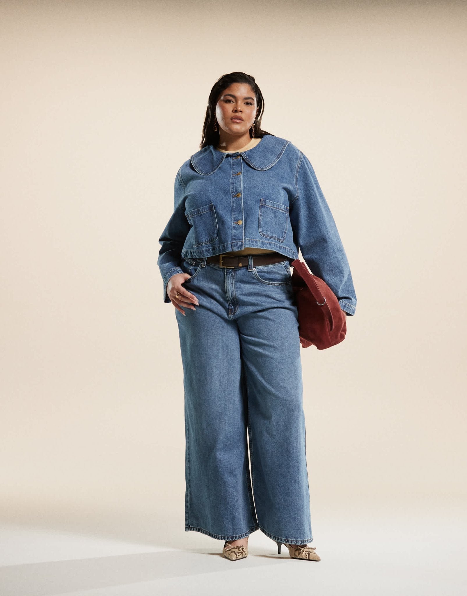 ASOS DESIGN Curve denim jacket with round collar in mid blue co - ord - ASOS Sample Sale
