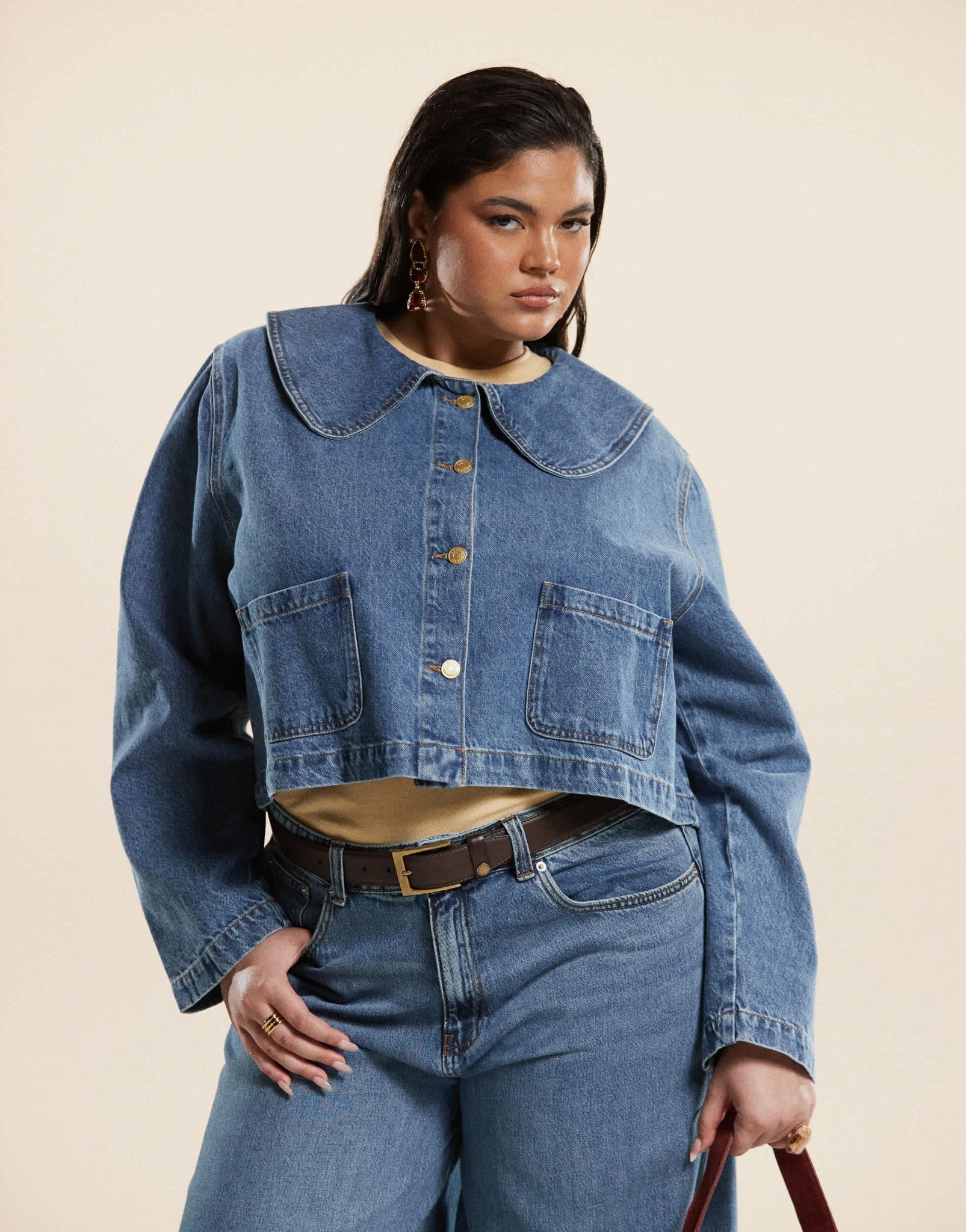 ASOS DESIGN Curve denim jacket with round collar in mid blue co - ord - ASOS Sample Sale