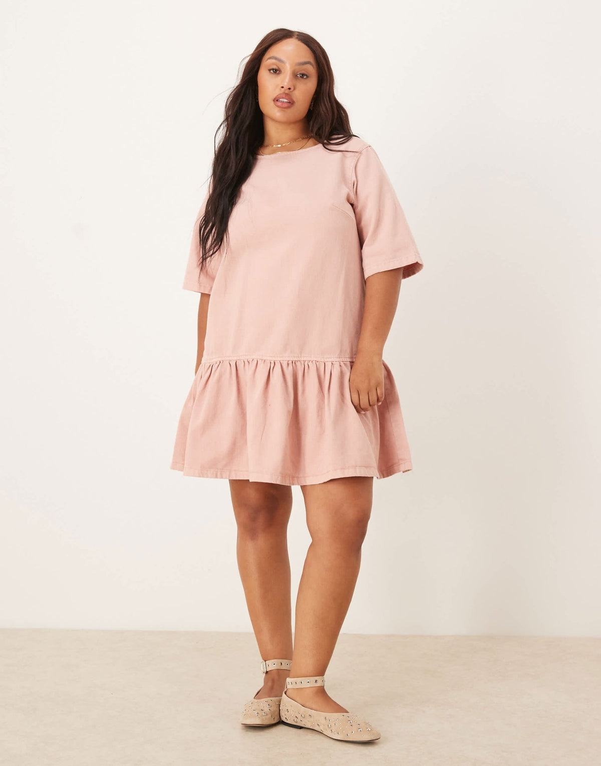 ASOS DESIGN Curve denim t-shirt mini dress with drop waist in pink - ASOS Sample Sale