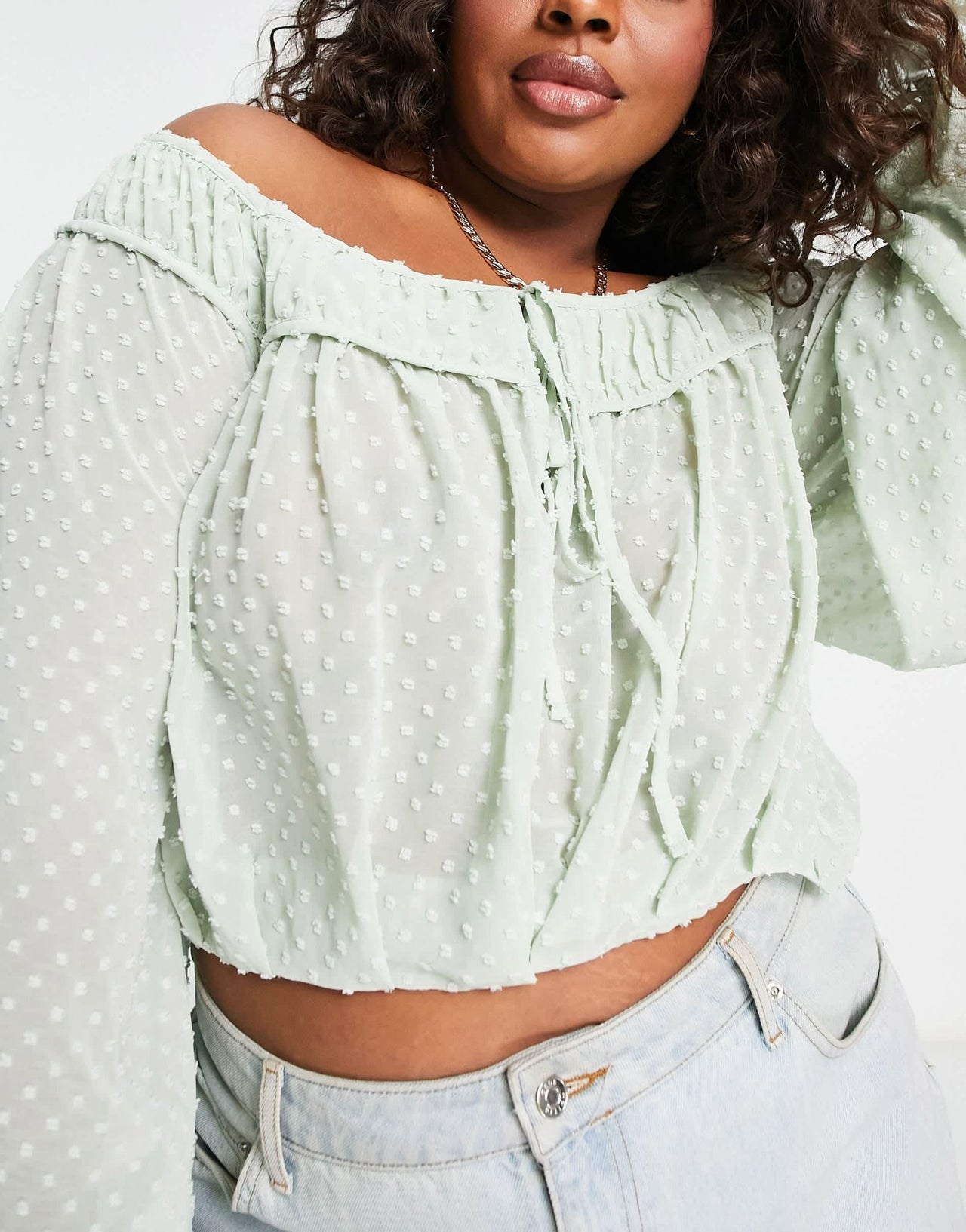 ASOS DESIGN Curve dobby blouse with volume sleeve & tie front in sage green - ASOS Sample Sale