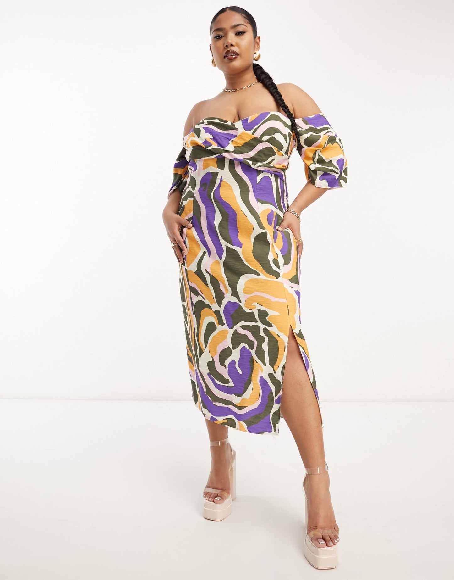 ASOS DESIGN Curve Exclusive pleated off shoulder midi dress with wrap bust in abstract print - ASOS Sample Sale