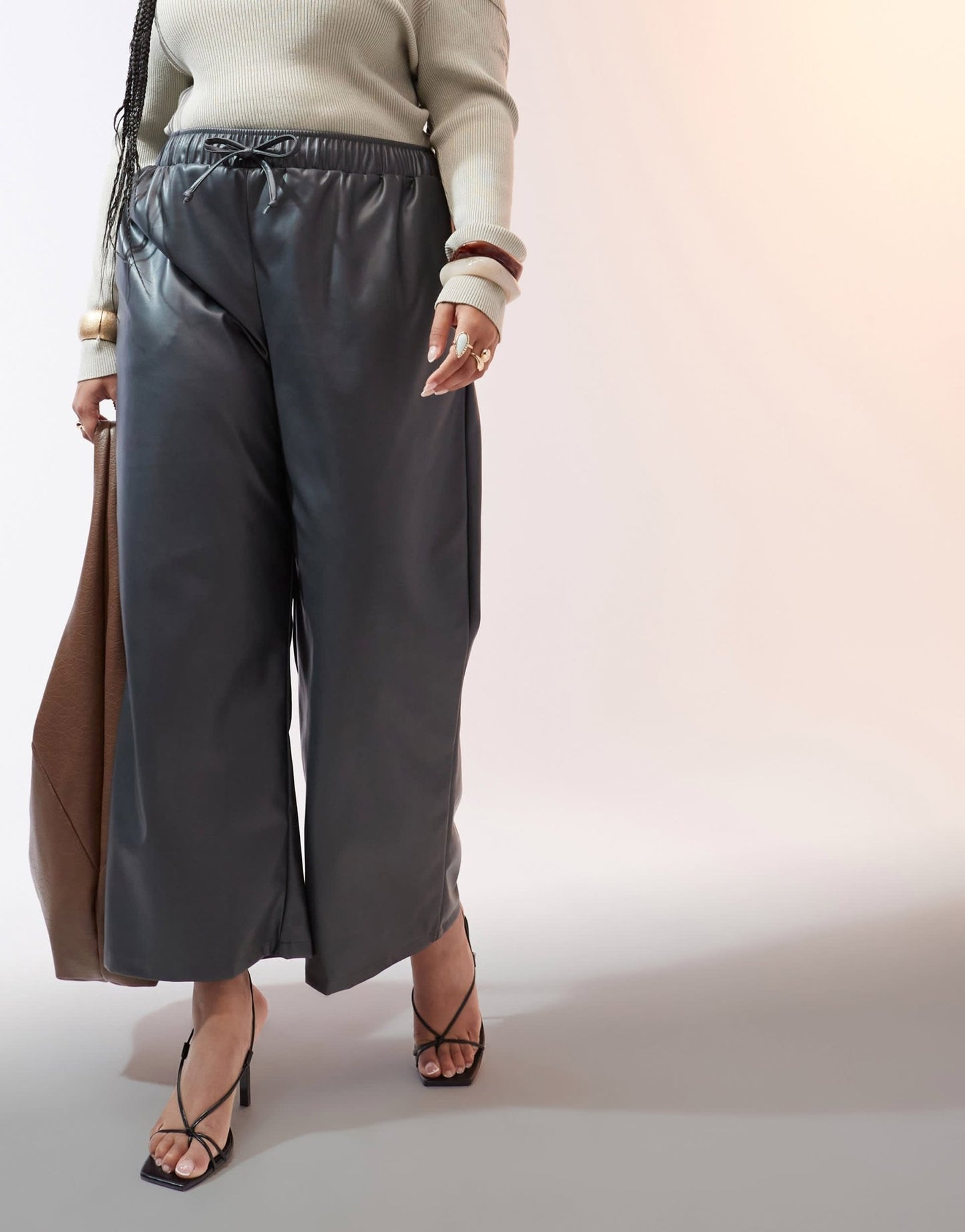 ASOS DESIGN Curve faux leather wide leg pull on trousers in charcoal - ASOS Sample Sale