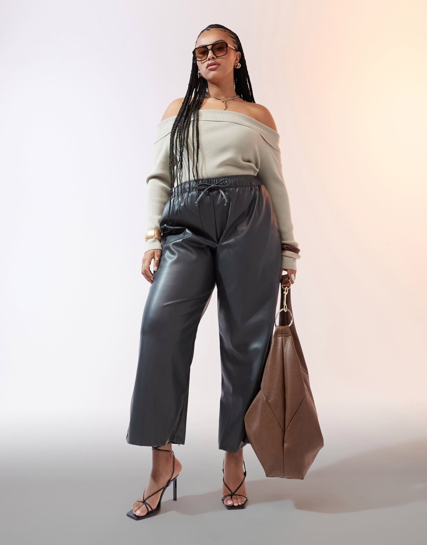 ASOS DESIGN Curve faux leather wide leg pull on trousers in charcoal - ASOS Sample Sale