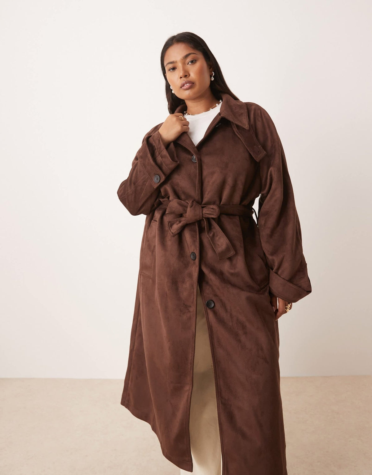 ASOS DESIGN Curve faux suede funnel neck trench coat in chocolate - ASOS Sample Sale