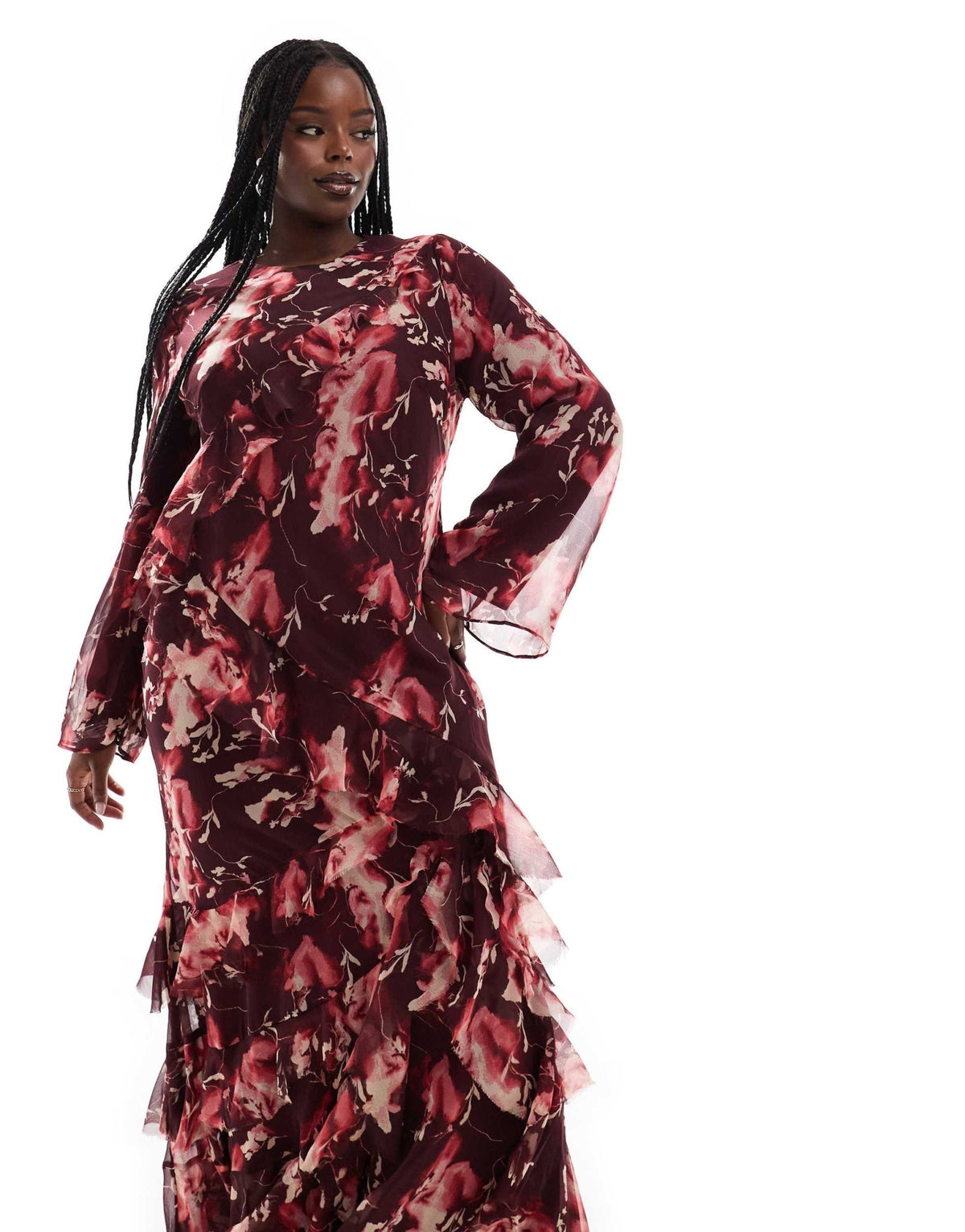 ASOS DESIGN Curve fluted long sleeve extreme ruffle maxi dress in burgundy abstract floral print - ASOS Sample Sale