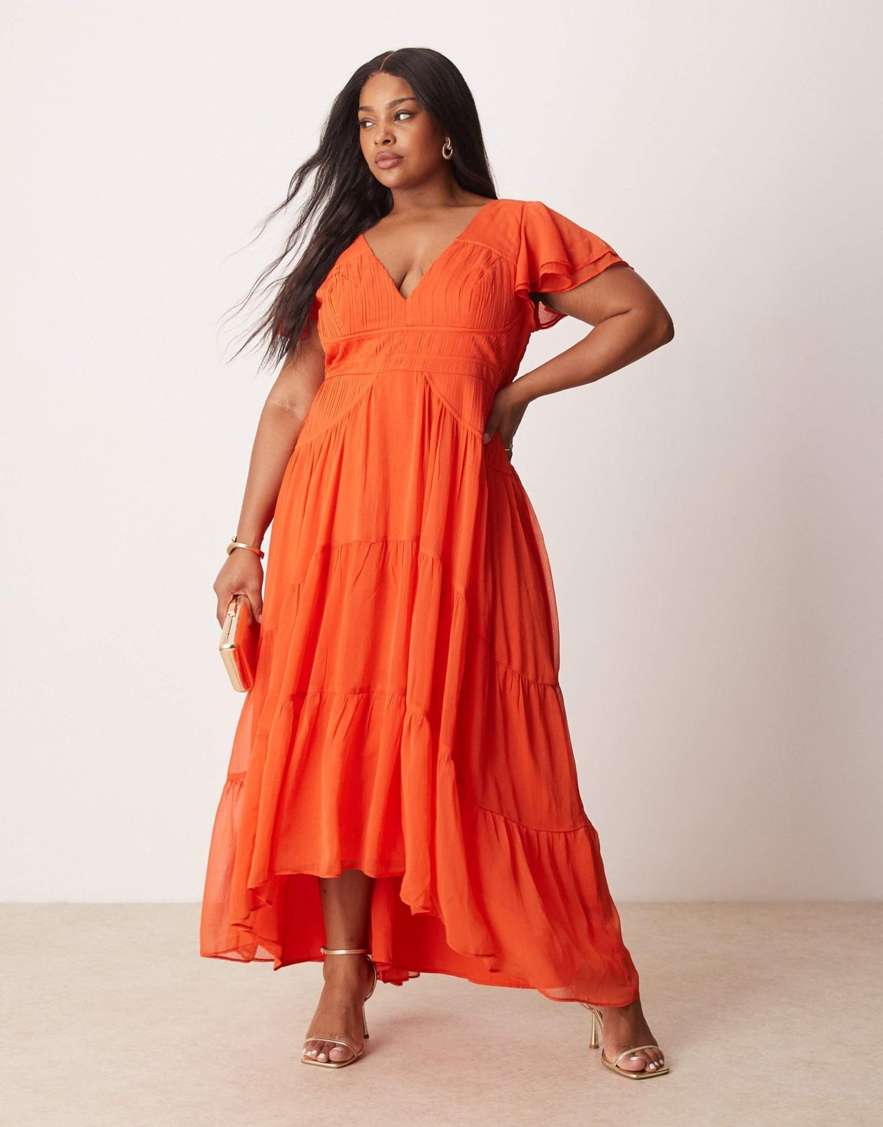 ASOS DESIGN Curve flutter sleeve ruched maxi dress with hi low hem in spicy red - ASOS Sample Sale