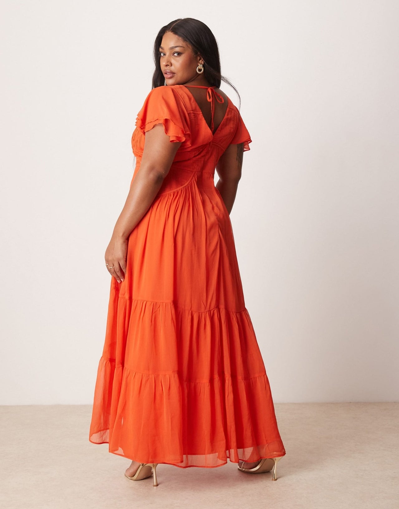 ASOS DESIGN Curve flutter sleeve ruched maxi dress with hi low hem in spicy red - ASOS Sample Sale