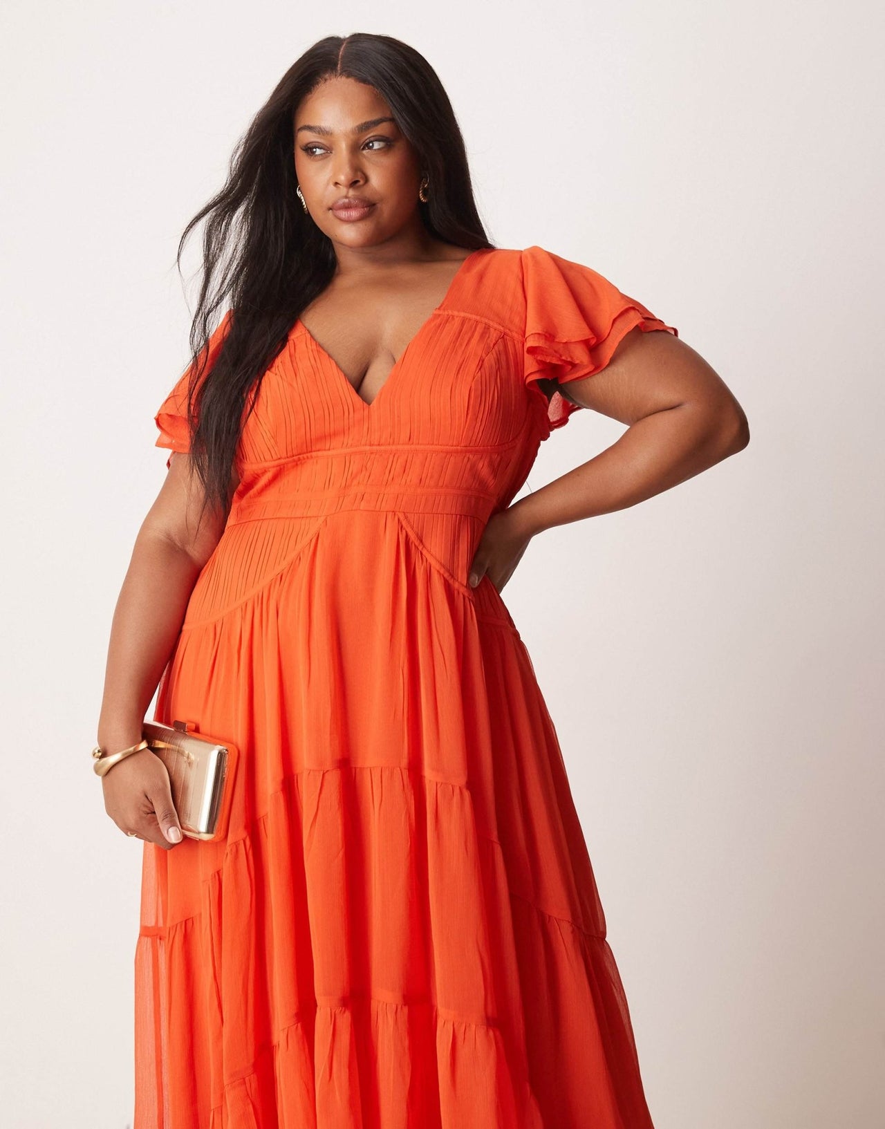 ASOS DESIGN Curve flutter sleeve ruched maxi dress with hi low hem in spicy red - ASOS Sample Sale