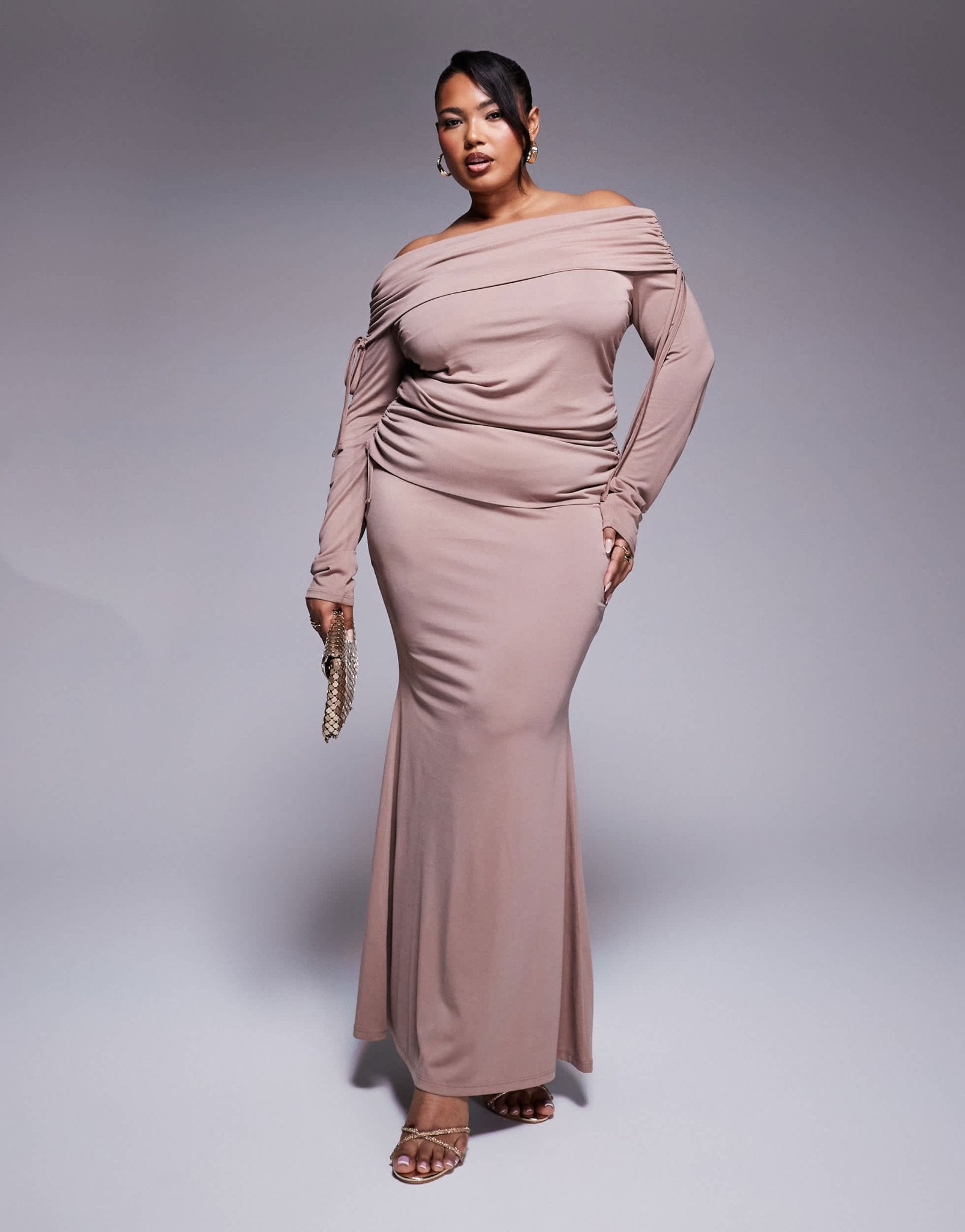 ASOS DESIGN Curve fold over waist fishtail maxi skirt with side ruching in mink - ASOS Sample Sale