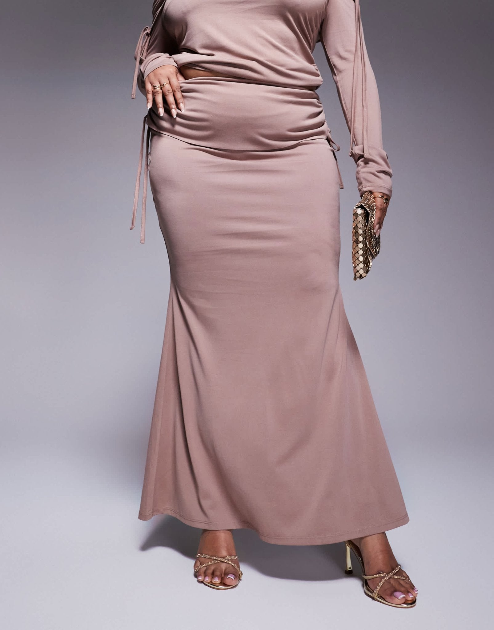 ASOS DESIGN Curve fold over waist fishtail maxi skirt with side ruching in mink - ASOS Sample Sale