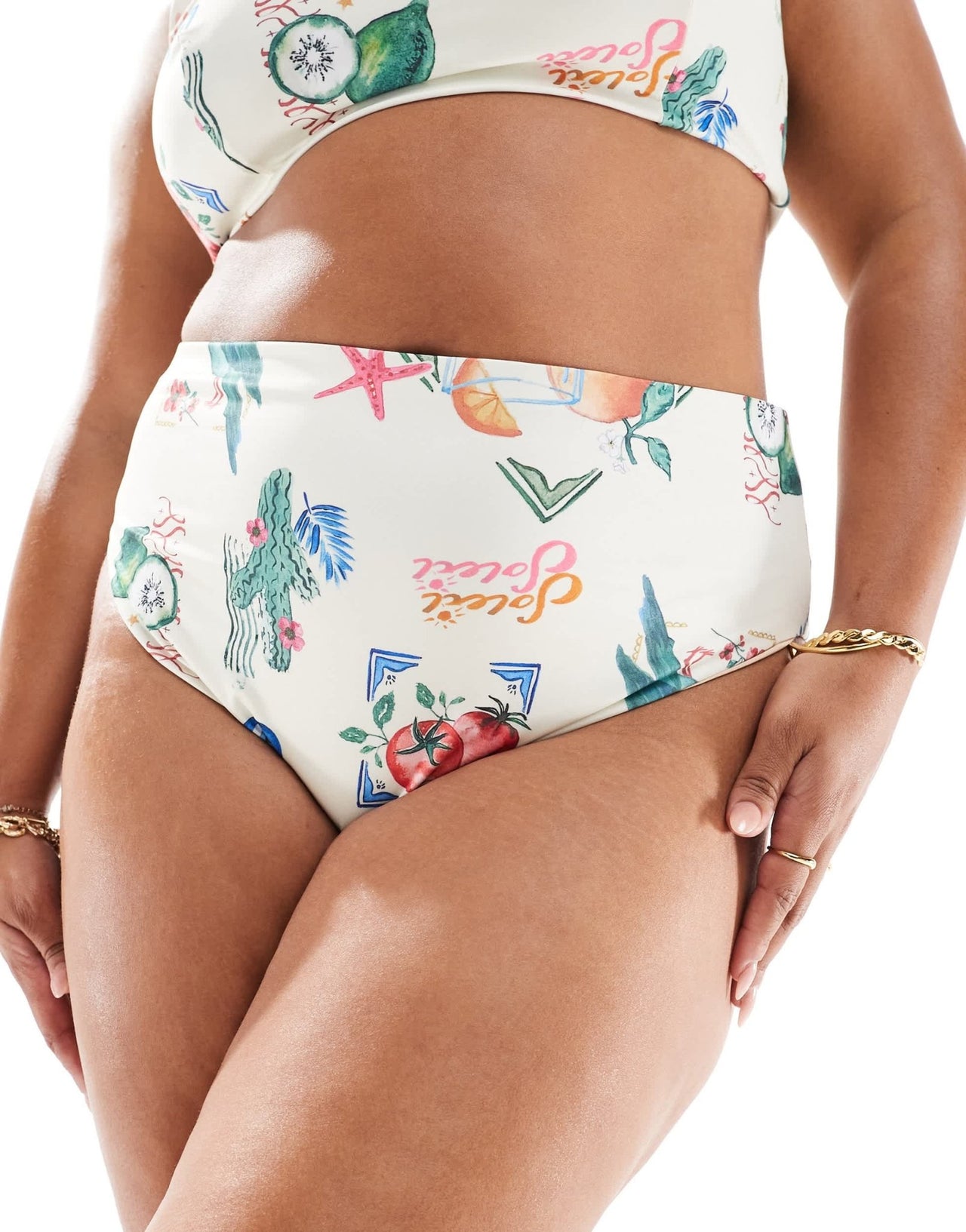 ASOS DESIGN Curve high leg high waist bikini bottom in postcard print - ASOS Sample Sale