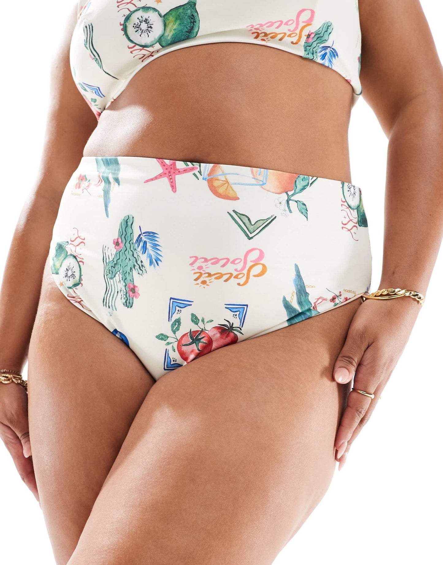 ASOS DESIGN Curve high leg high waist bikini bottom in postcard print - ASOS Sample Sale